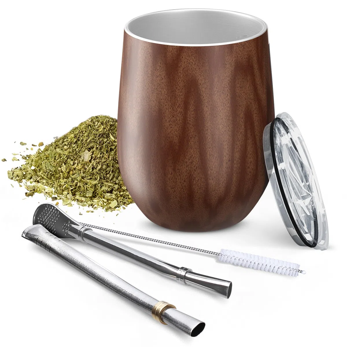Aquafloow Set de Mate Argentino para Yerba Mate 350 ml + 2 Pajitas de Acero Maté Bombilla, Taza de Doble Pared Maté Yerba | Tapa Libre de BPA, Juego de Té de Acero Inoxidable para Yerba – Marrón