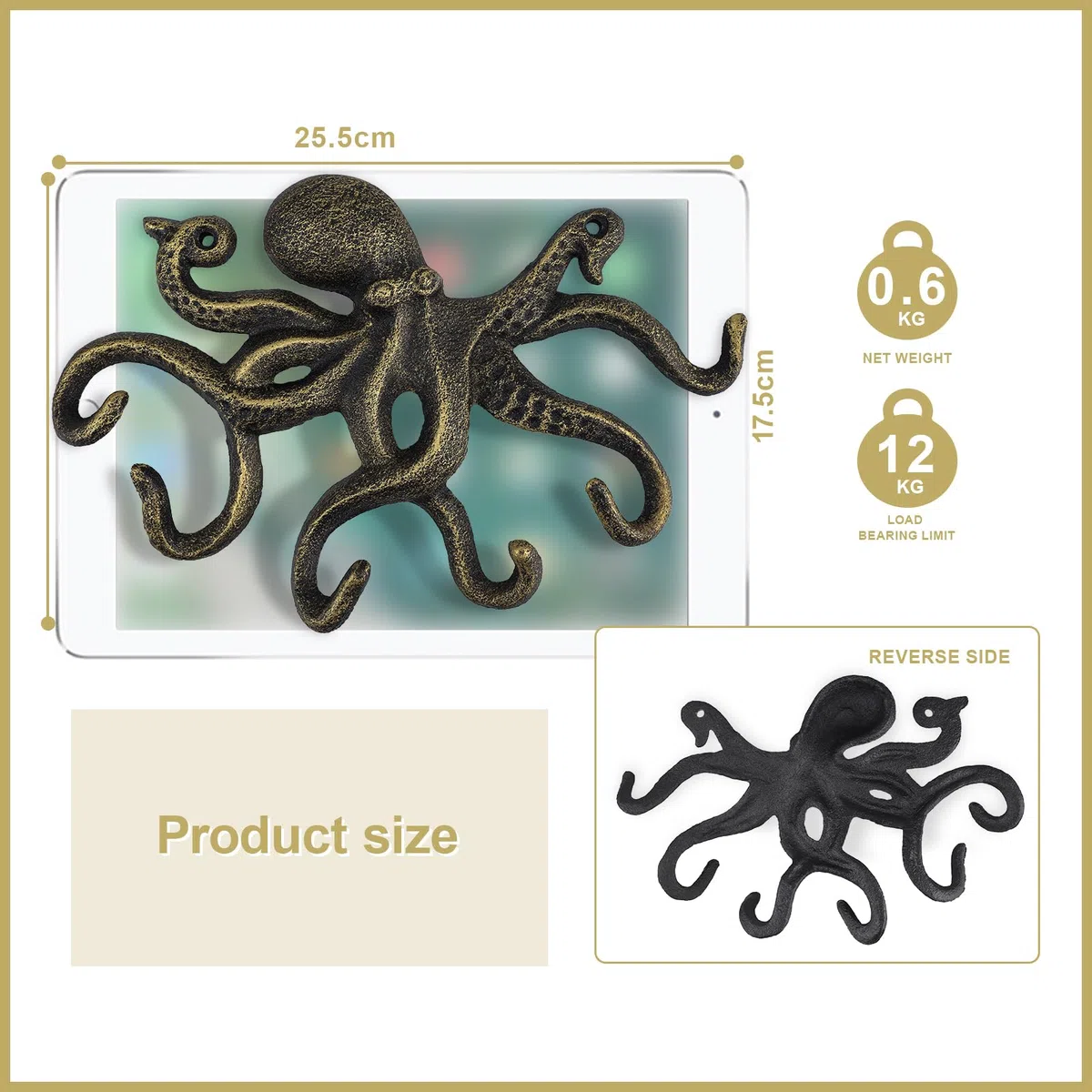 efuturetime Colgador Pared de Pulpo, Gancho de Pared de Hierro con Tornillos, Rústico Percheros de Pared para Colgar Ropa Llaves Sombreros Bolsos, Oro-Negro