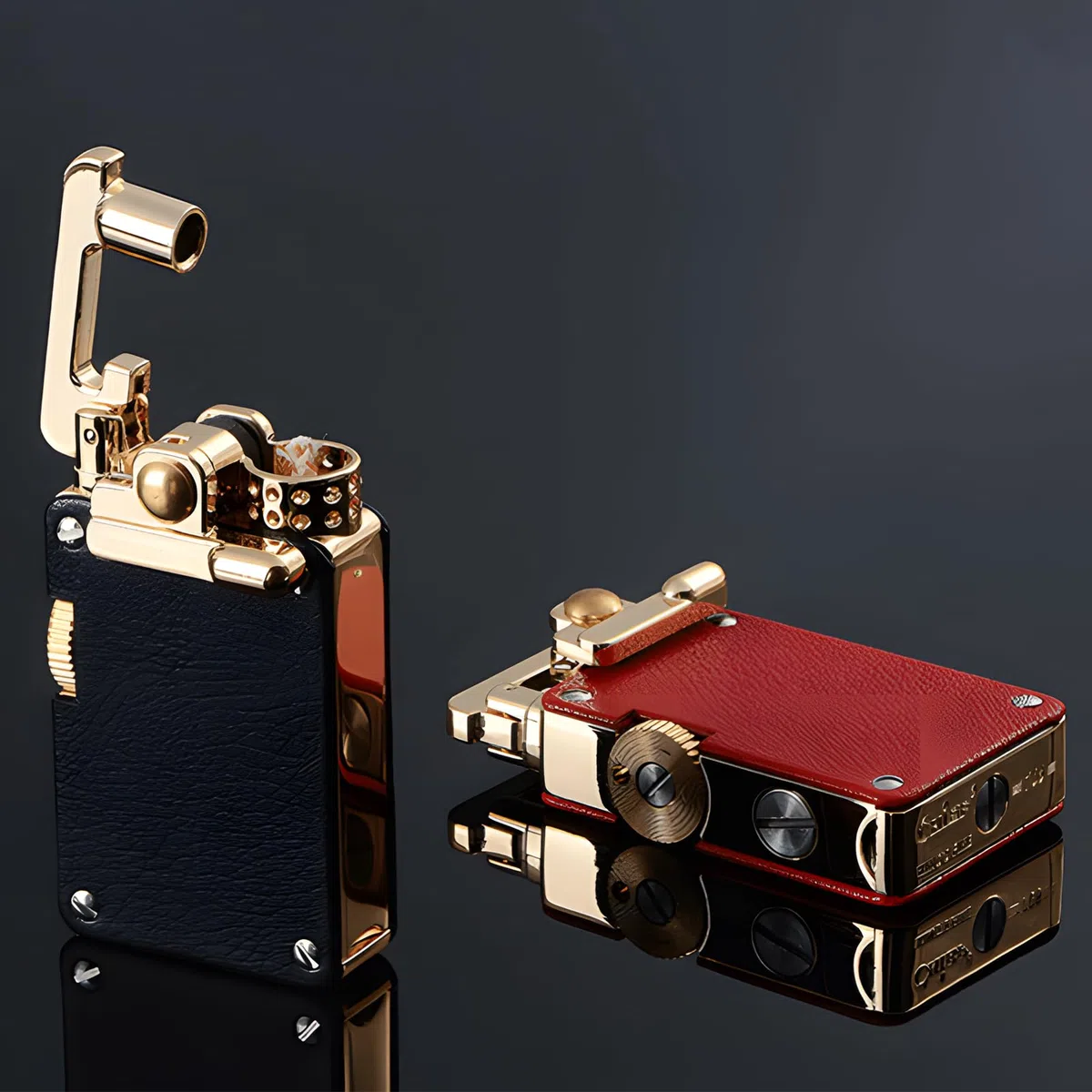 Encendedor De Queroseno Retro con Brazo Basculante, Resistente Al Viento, con Rueda De Molienda, Grabado En Cuero Clásico, Llama Suave, Recargable con Queroseno, Regalo para Hombres (Red Leather)