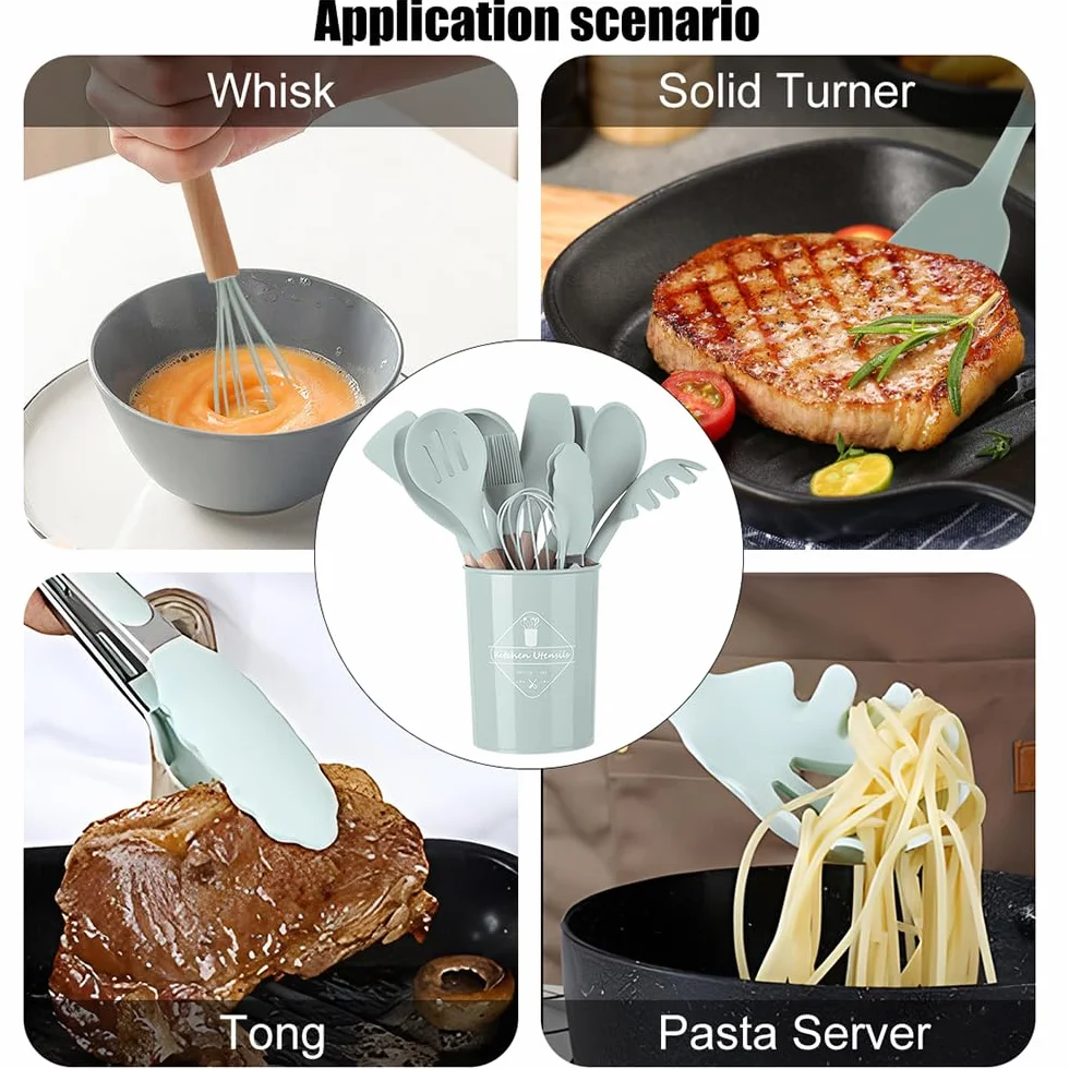 Set de utensilios de cocina, 12 piezas, utensilios de cocina con mango de silicona y madera, saludables, con revestimiento antiadherente, aptos para lavavajillas, diseño resistente al calor.