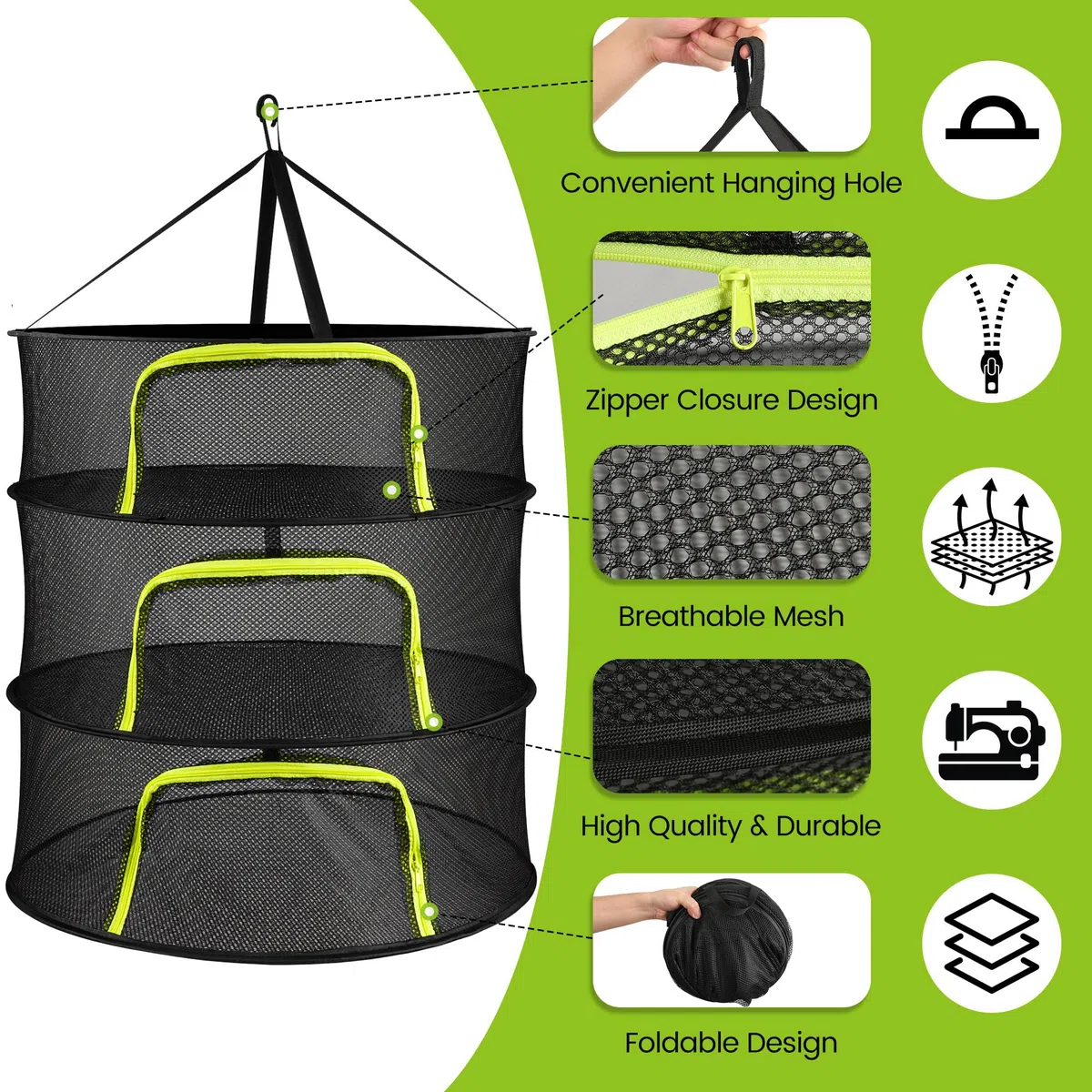 Red de secado de 3 capas, ancho de 60 cm, plegable, para colgar flores secas, pescado, carne