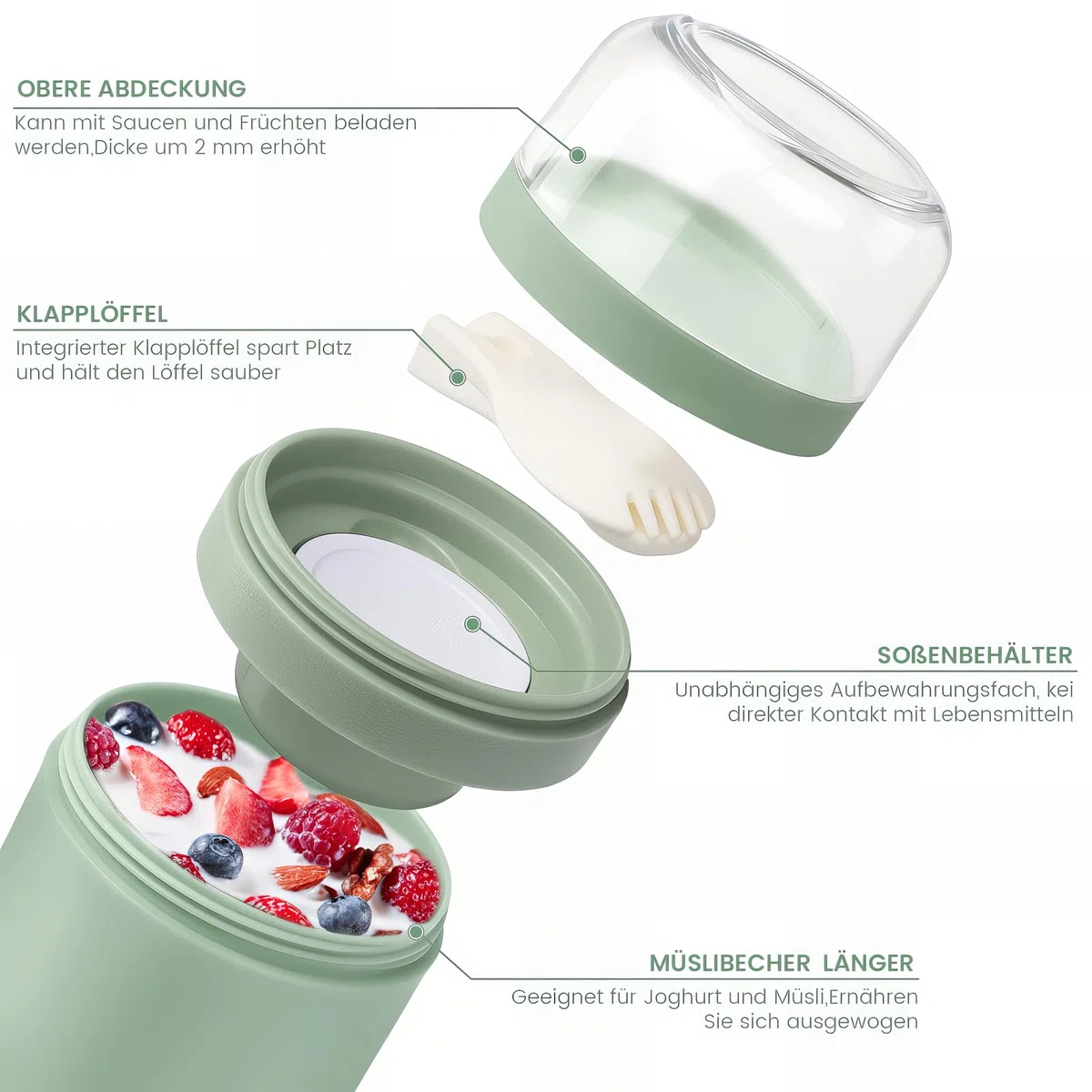 Bugucat Taza de Yogur 520ML+250ML, Porta Yogur y Fruta Vaso de Cereales para Llevar con Tapas y Cuchara, Reutilizable Porta Vaso Portátil Taza de Cereales con Recipiente para Ensaladas,Verde