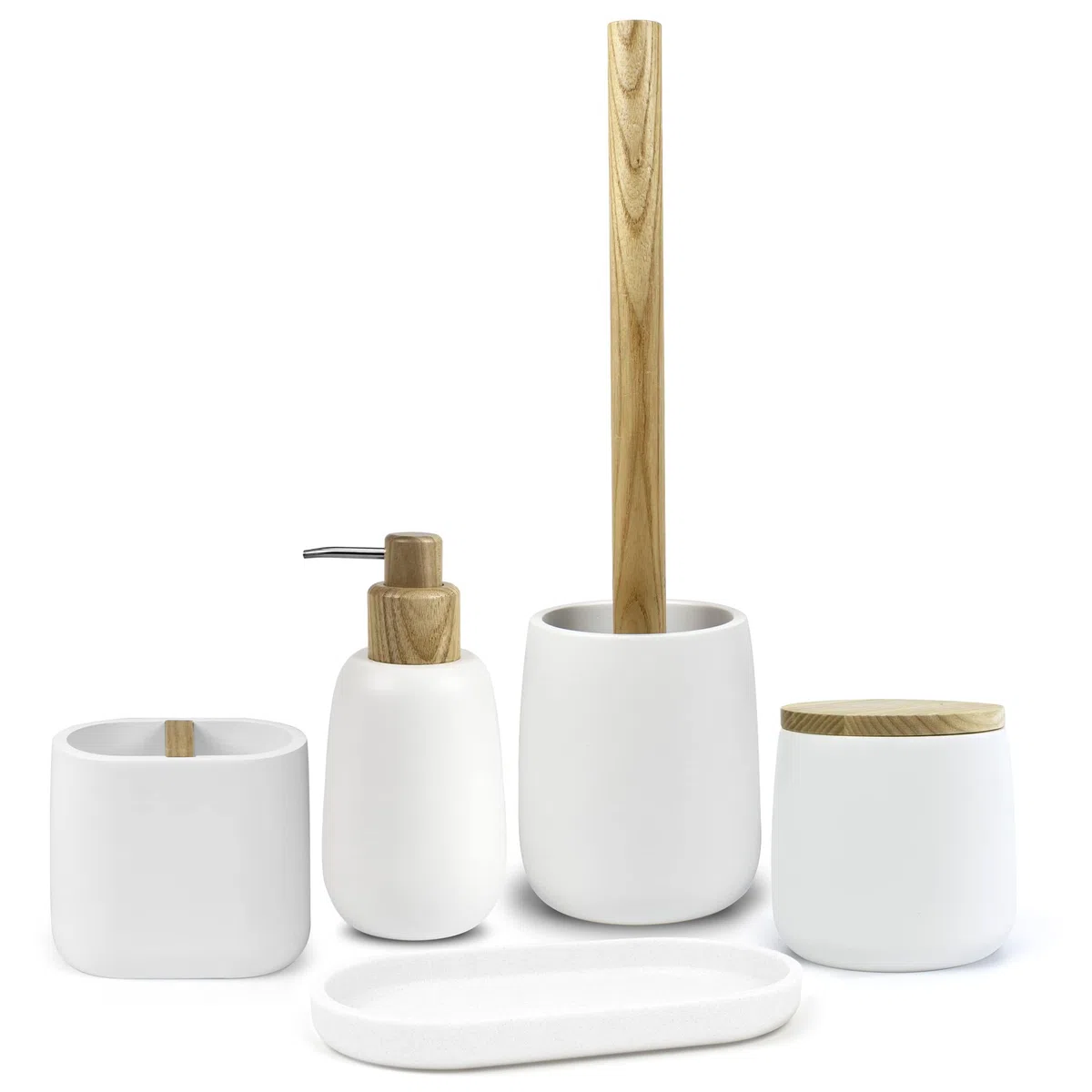 Algodonera con tapa de madera | Serie Forest | Resina | Organizar discos desmaquillantes, bastoncillos algodón, joyas | 10.5 cm ∅ x 10.5 cm | Gran tamaño (Blanco)