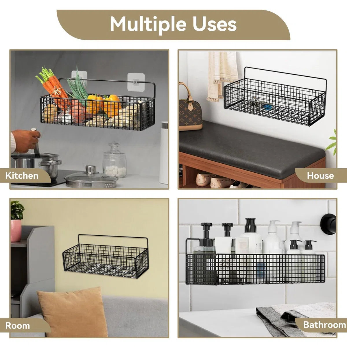 Cesta colgante de pared, cesta de almacenamiento de alambre, estantes de pared de cocina, cesta de almacenamiento colgante, estante de pared de alambre para cocina de oficina en (Negro)