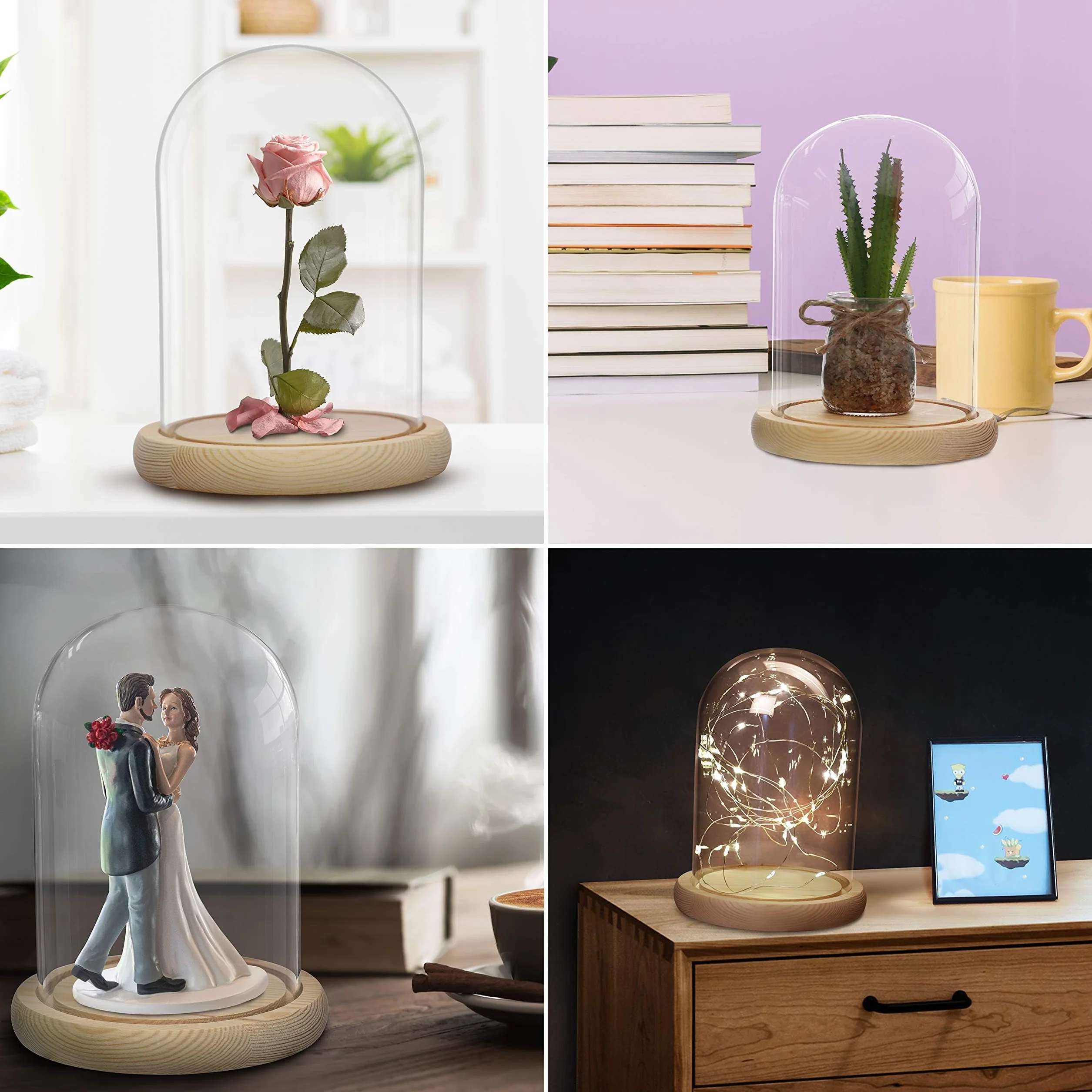 Belle Vous Cúpula Cristal Jarra Domo Campana con Base de Madera Natural – 20cm - Campana Decorativa Transparente Centro de Mesa para Luces de Hada - Urna Antigüedades