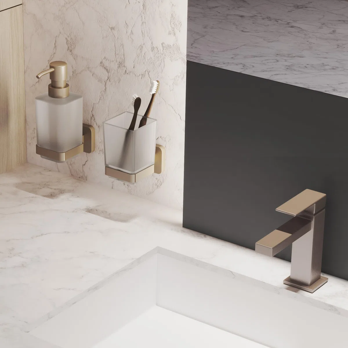 Gedy Tonga Portacepillos Dientes Baño Pared 6,4x9,7x10,5cm Acero INOX y Cromall Cristal Satinado Oro Mate PVD, Tornillos y Biadhesivo Incluidos