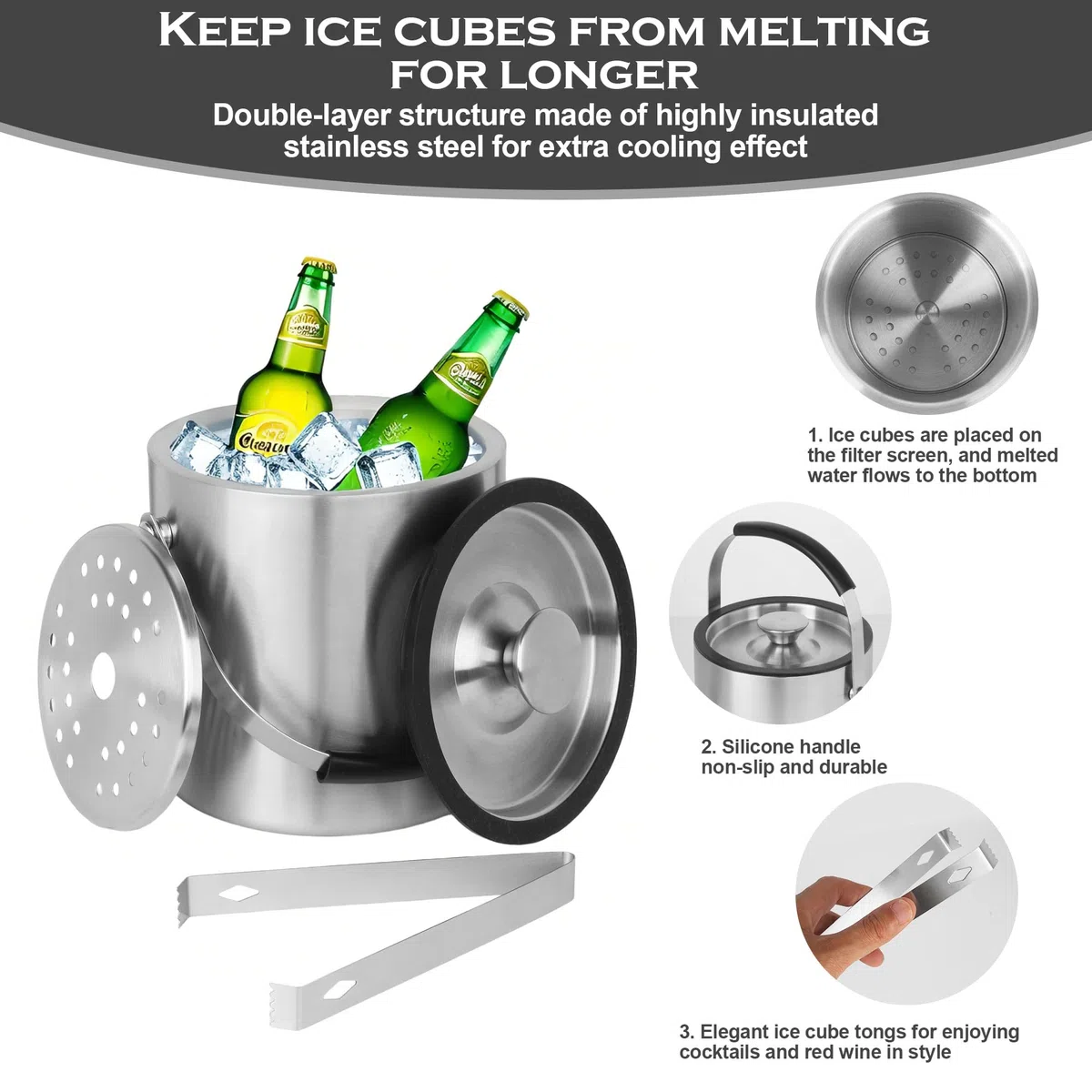 Contenedor de hielo de 2 L, contenedor de hielo de acero inoxidable de 2 L, cubo de hielo de acero inoxidable, de doble pared, contenedor de hielo con aislamiento de doble pared