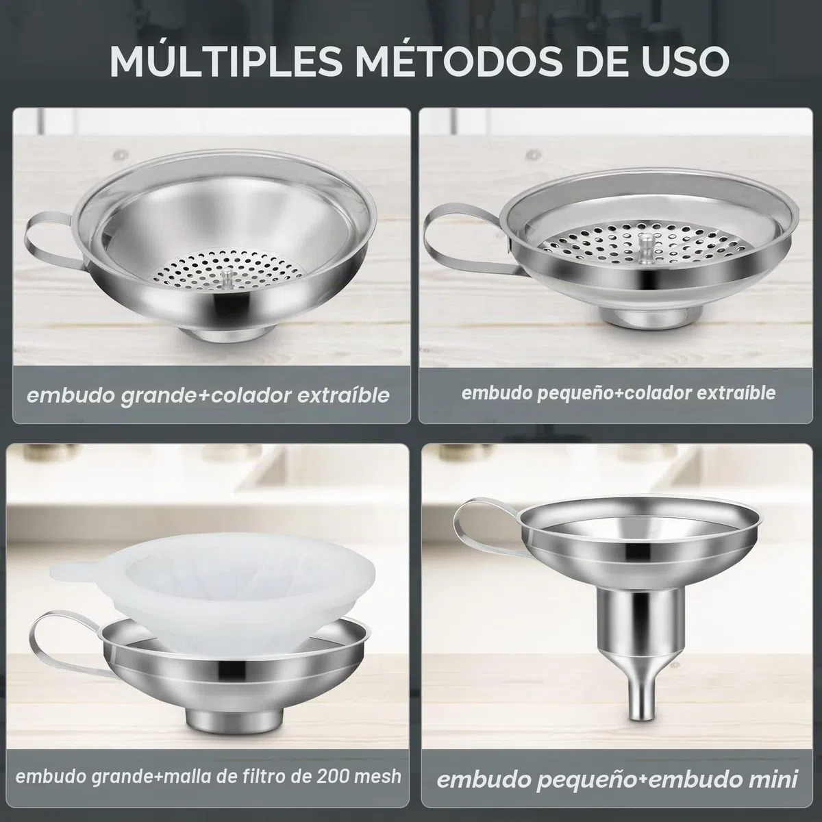 HAUSPROFI Set de embudo de acero inoxidable de 7 piezas con tarros de envasado, elevador y filtro - 3 tamaños de set de embudo de cocina para mermelada, envasado, aceite, especias - Apto para