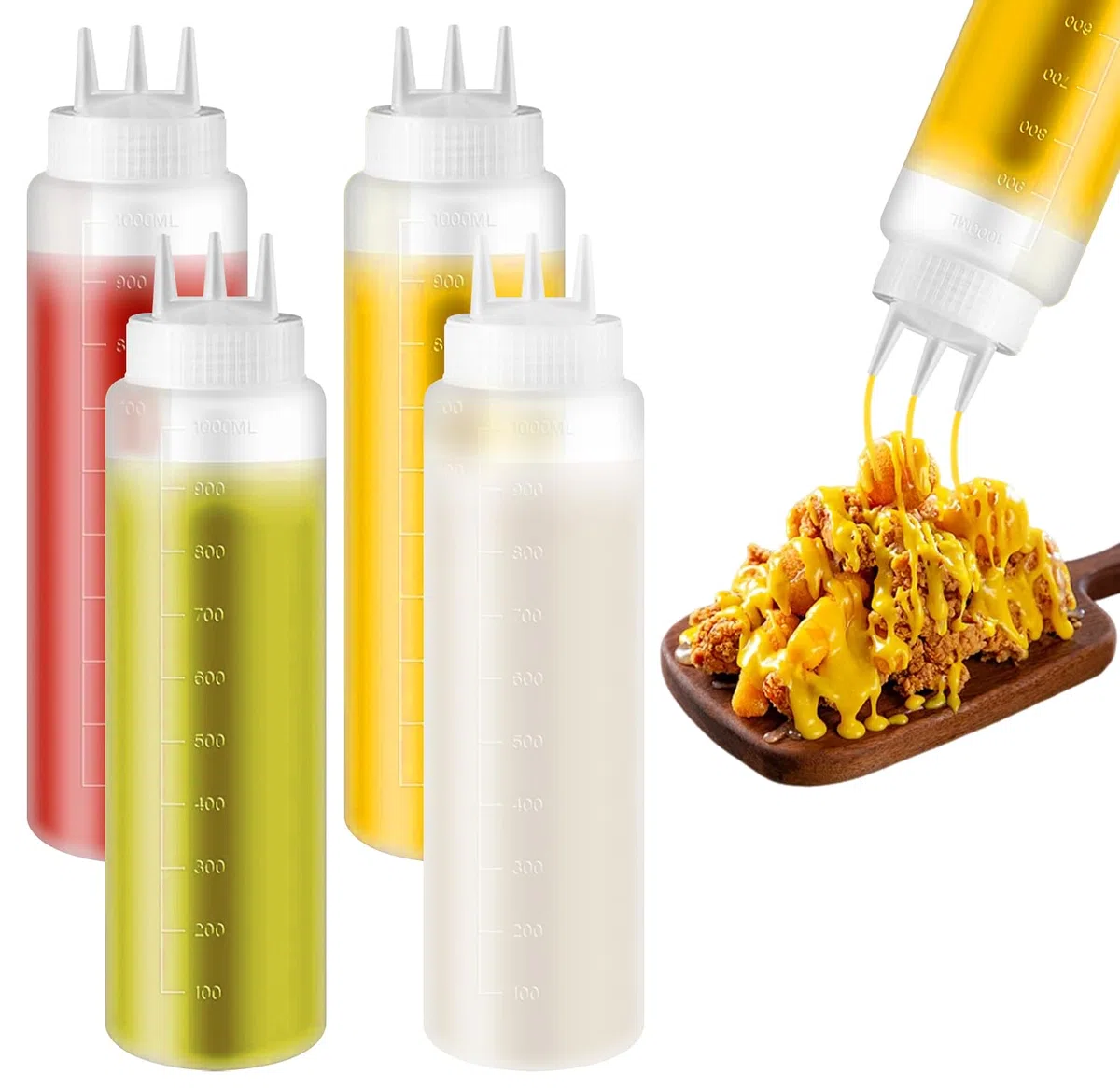 4 botellas de plástico con 3 boquillas, dispensador de salsa de 24 oz con giro en tapas de tapa, botella de plástico para salsas de ketchup, mayonesa, mostaza, jarabe de aceite de oliva