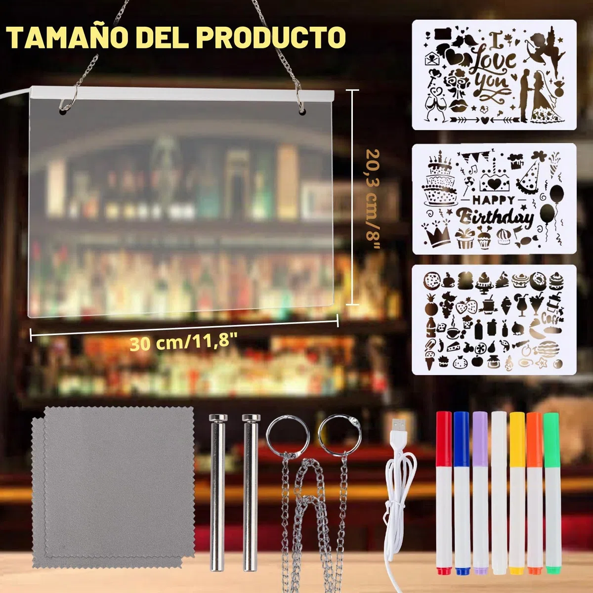 Tablero Acrílico Luminoso con Mensaje LED, Tablero de Notas LED con Bolígrafo de 7 Colores, Tablero de Dibujo LED con Soporte,Tablero de Escritura LED Luminoso Transparente, Limpiable