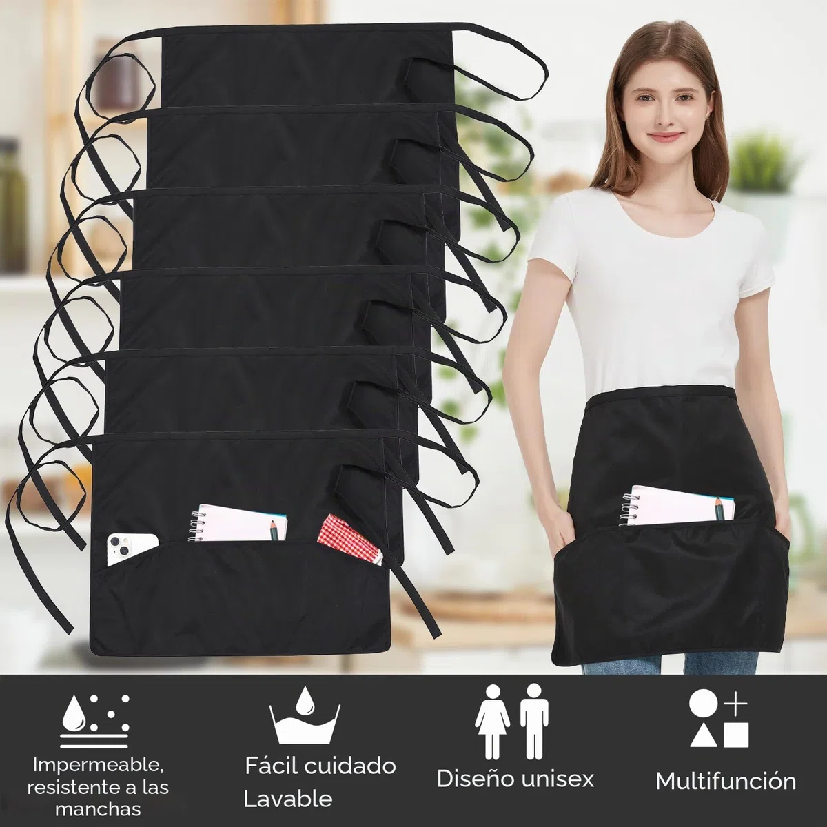 6 Pcs Delantale Cintura, Delantal de Camarero con 3 Bolsillo, Delantale Corto para Chef Restaurante Bar Jardinería