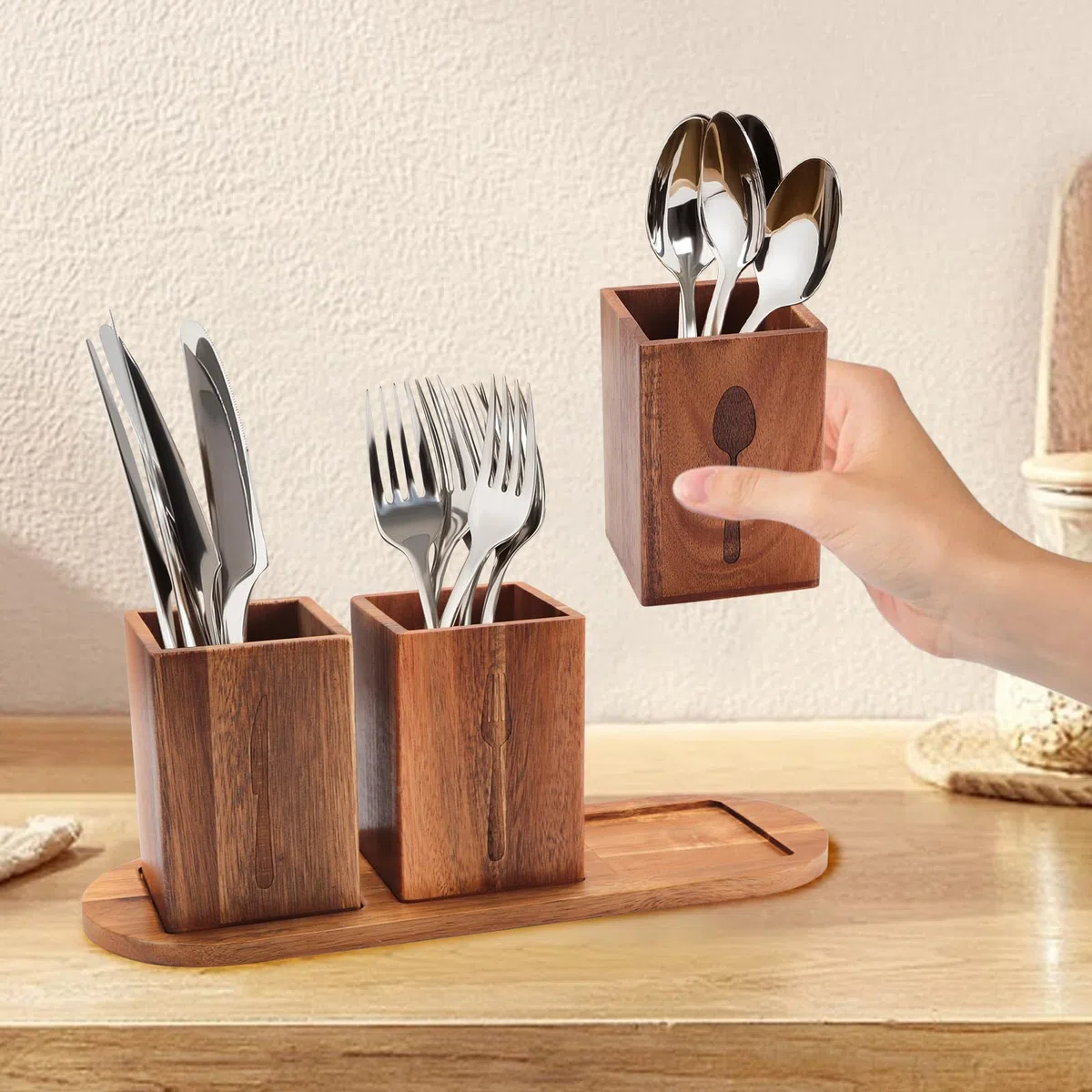 Escurridor de cubiertos de madera, portacubiertos de mesa con orificio de drenaje inferior, escurridor de cubiertos de cocina con bandeja de madera, soporte para utensilios para guardar palillos,