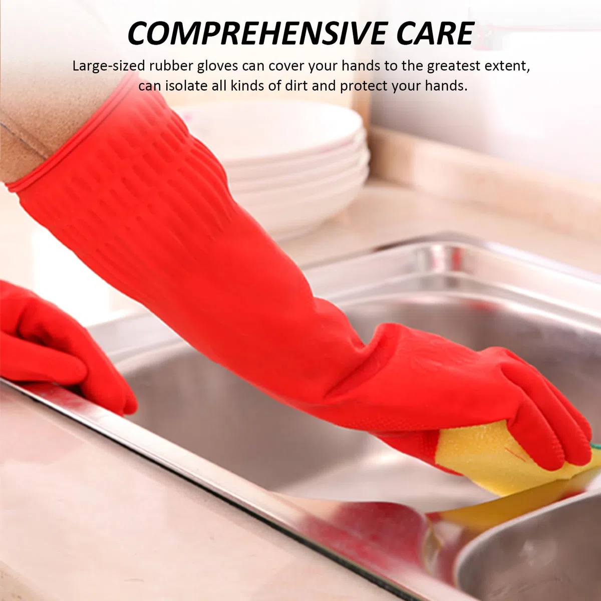 2 guantes de goma extra largos para limpieza de cocina, guantes impermeables de goma gruesa, resistentes a los arañazos en los codos, antideslizantes, adecuados para la limpieza del hogar.