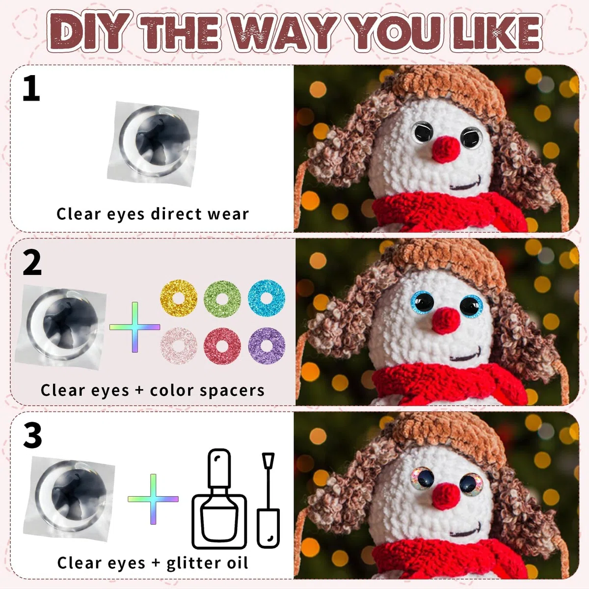 120 ojos de seguridad con purpurina 3D de 16 mm para ganchillo con arandelas, ojos de amigurumi de ganchillo para animales de ganchillo, ojos de manualidades, ojos de muñeca, ojos de