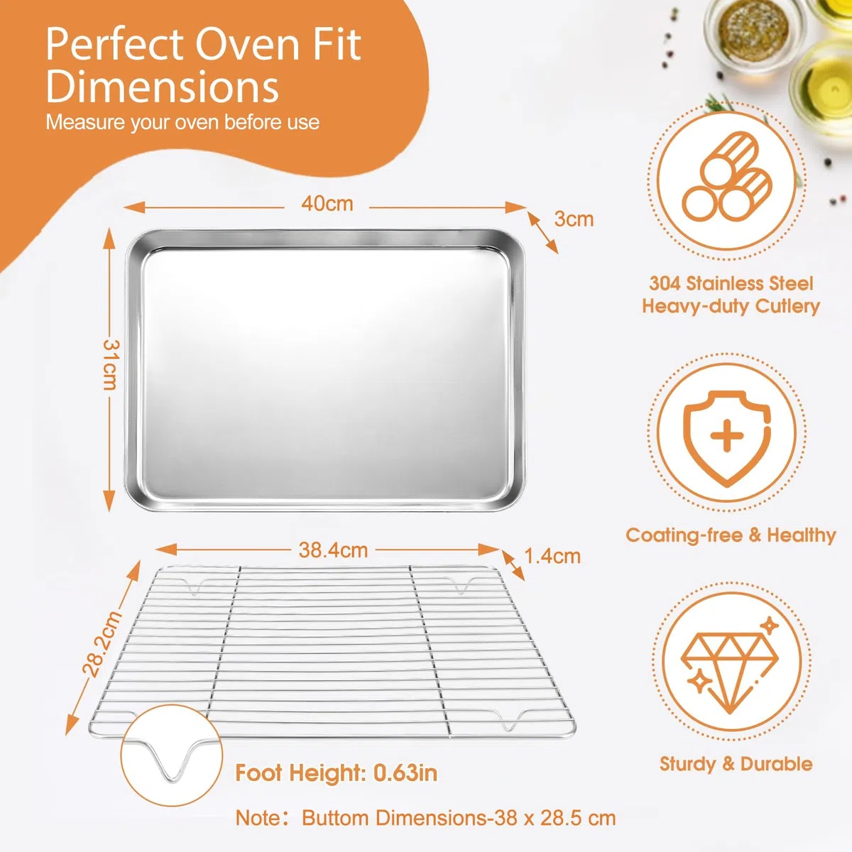 VINATO Bandeja Horno con Rejilla Acero Inoxidable - Set Bandeja Horno Universal 40x31 cm & Rejilla Enfriamiento, Bandejas Horno Inox, Fuente Para Horno, Lavavajillas