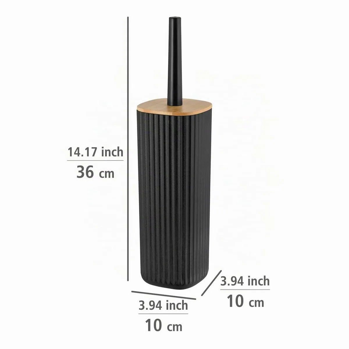 WENKO Set para inodoro Rotello, escobillero cerrado de plástico de calidad óptima con tapa de bambú y estructura acanalada, Ø 10 x 36 cm, incluye escobillero, cabezal reemplazable, negro/natural