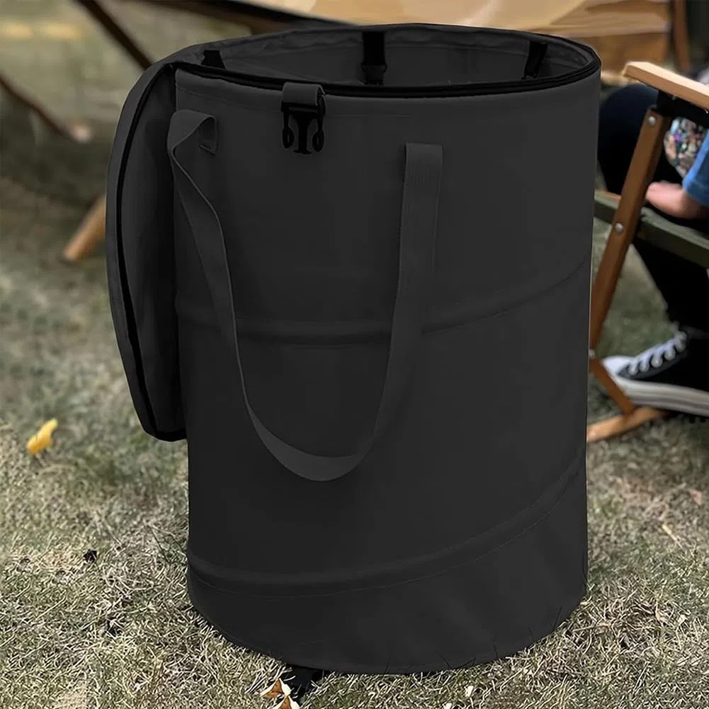 Cubo de basura para exteriores con diseño plegable, adecuado para acampar y picnics, hecho de tela Oxford para resistir la intemperie y fácil mantenimiento (es negro)