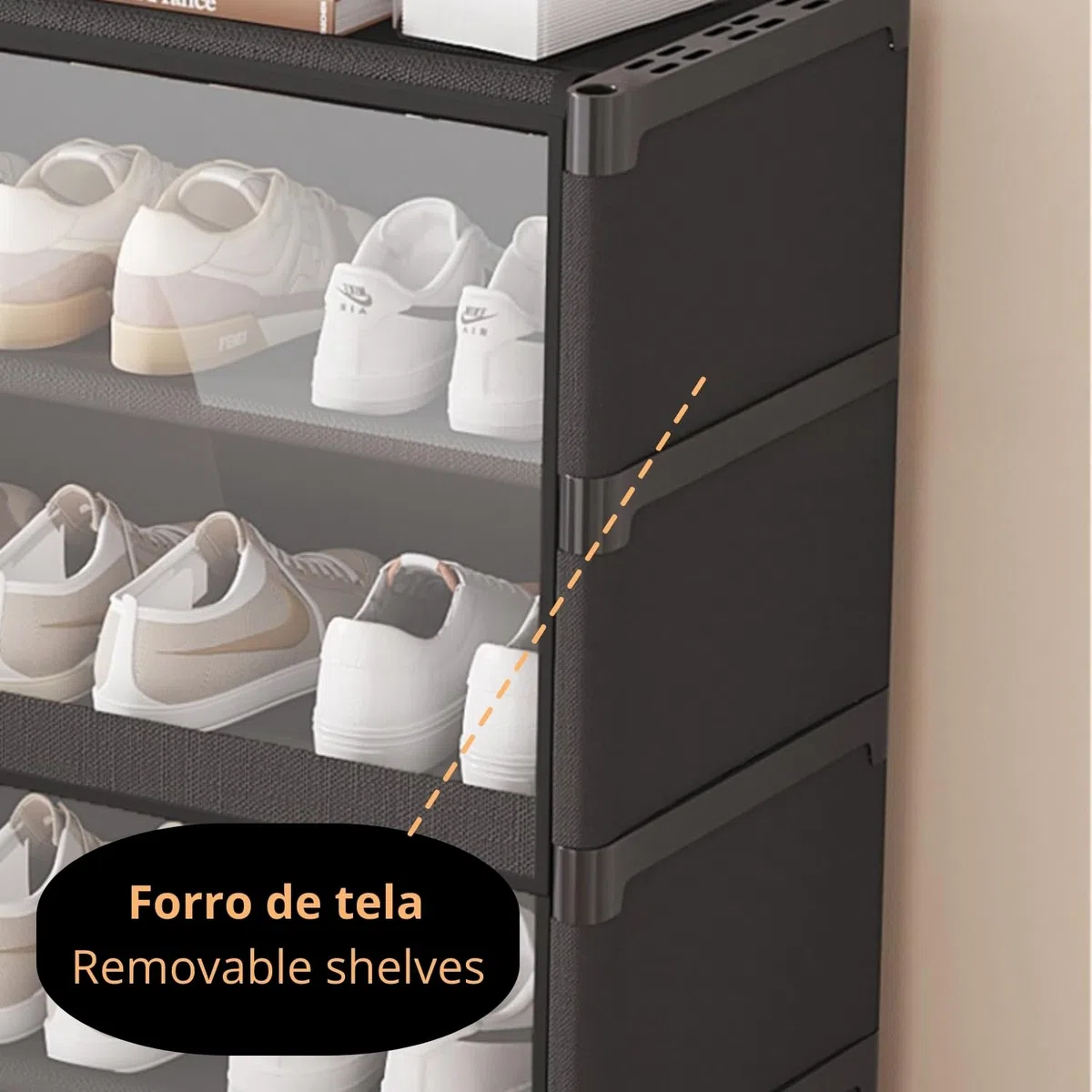 Organizador de zapatos de tela textil, Zapatero auxiliar, Compacto de varios niveles, Cierre magnético, Vertical, Tubo metal (6 estantes)