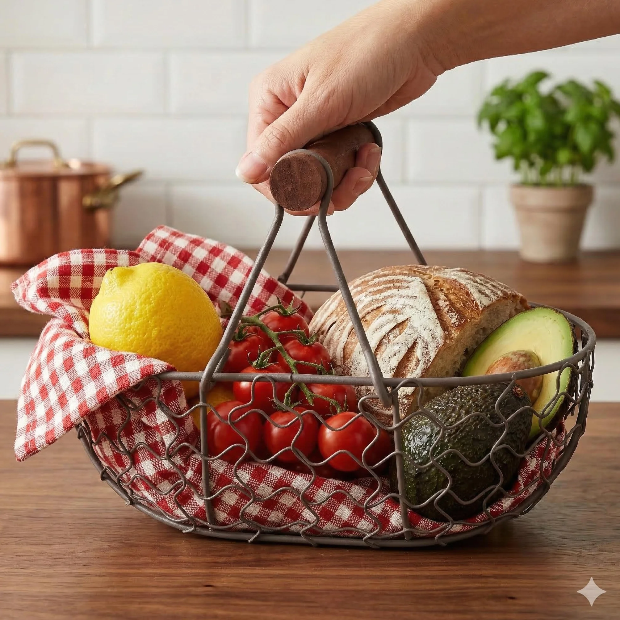 Cesta de de alambre con mango de madera, cesta de recolección de de estilo rústico vintage, cesta de almacenamiento de alambre para verduras para llevar, recolección de de gallina