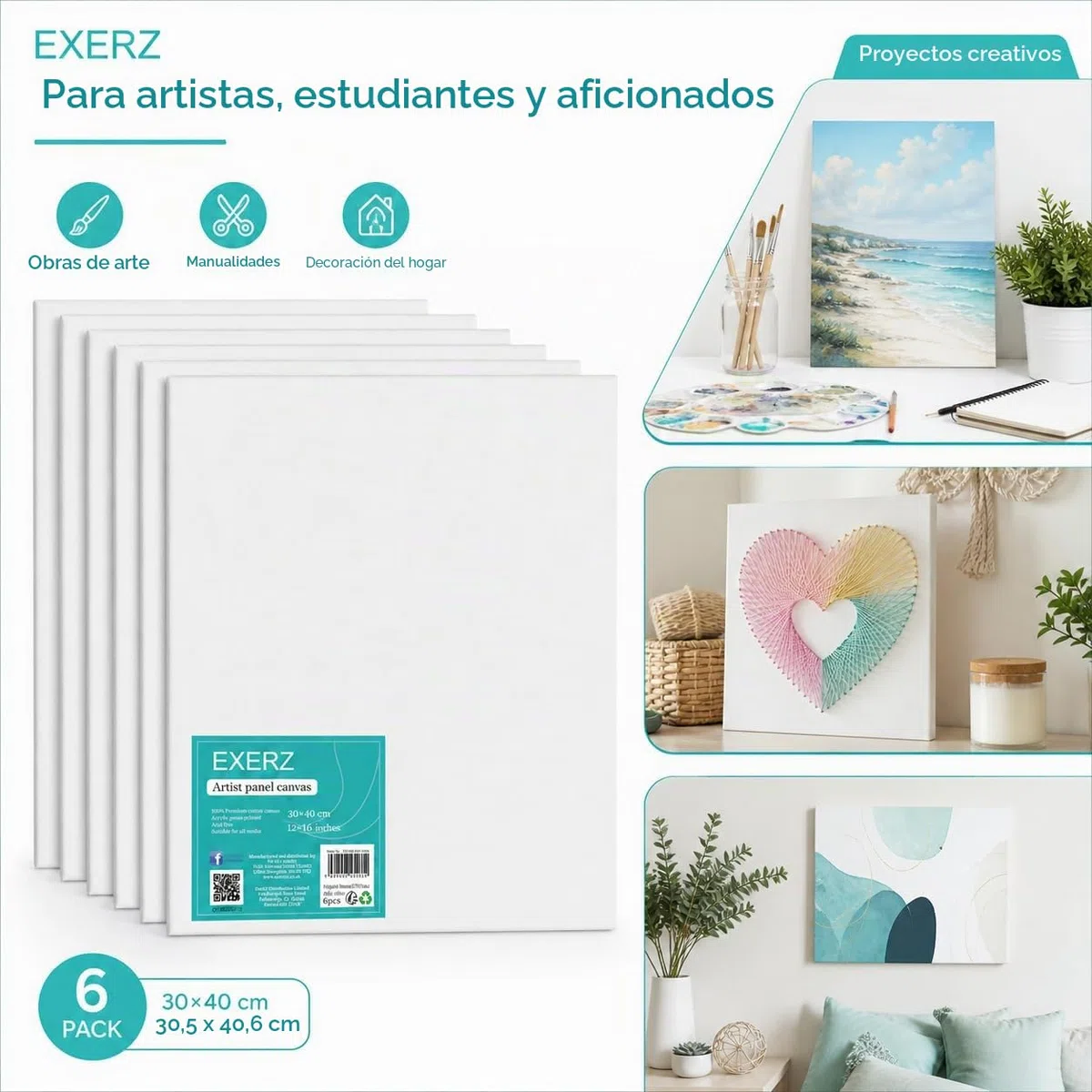 EXERZ 30x40cm Paneles de Lienzos 6 piezas - 0,3cm de Espesor / A3 Lienzos 280GSM / 100% Algodón - Color Blanco/Triple Preparado/Libre de Acido/Hebra Media / - acrílicos & óleo