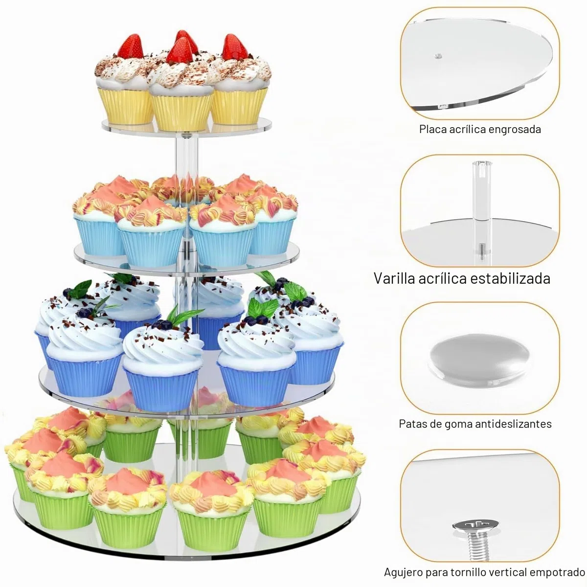 LATERN 4 Niveles Soporte para Cupcakes, Redondo Torre de Acrílico para Cupcakes Expositor Transparente Soporte Reutilizable para Tartas y Postres para Bodas Cumpleaños Baby Shower Halloween Fiesta