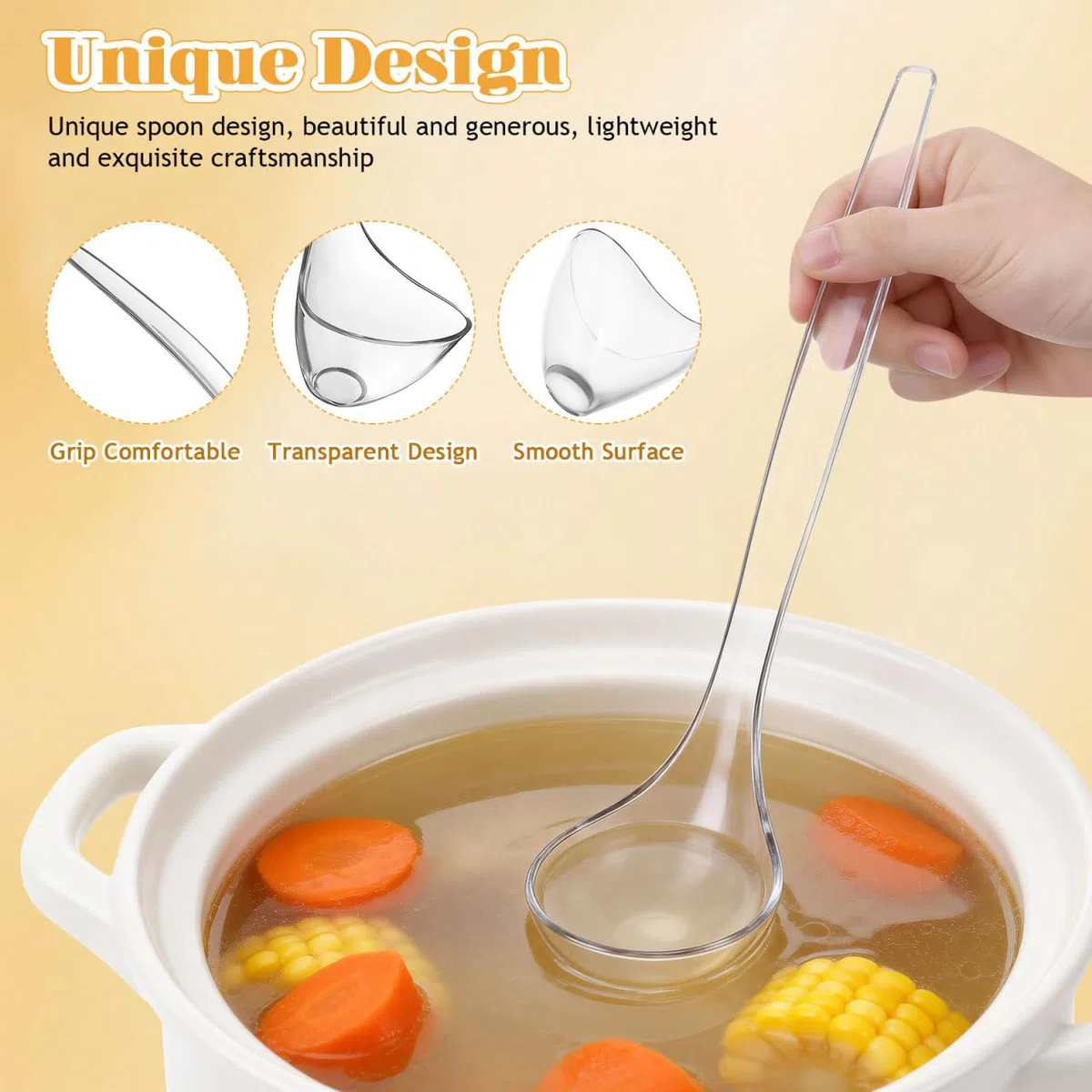 GALPADA Cuchara de sopa larga de plástico transparente con mango estable, resistente al calor, fácil de limpiar, cucharón para servir salsa y sopa para fiestas de buffet y hogar