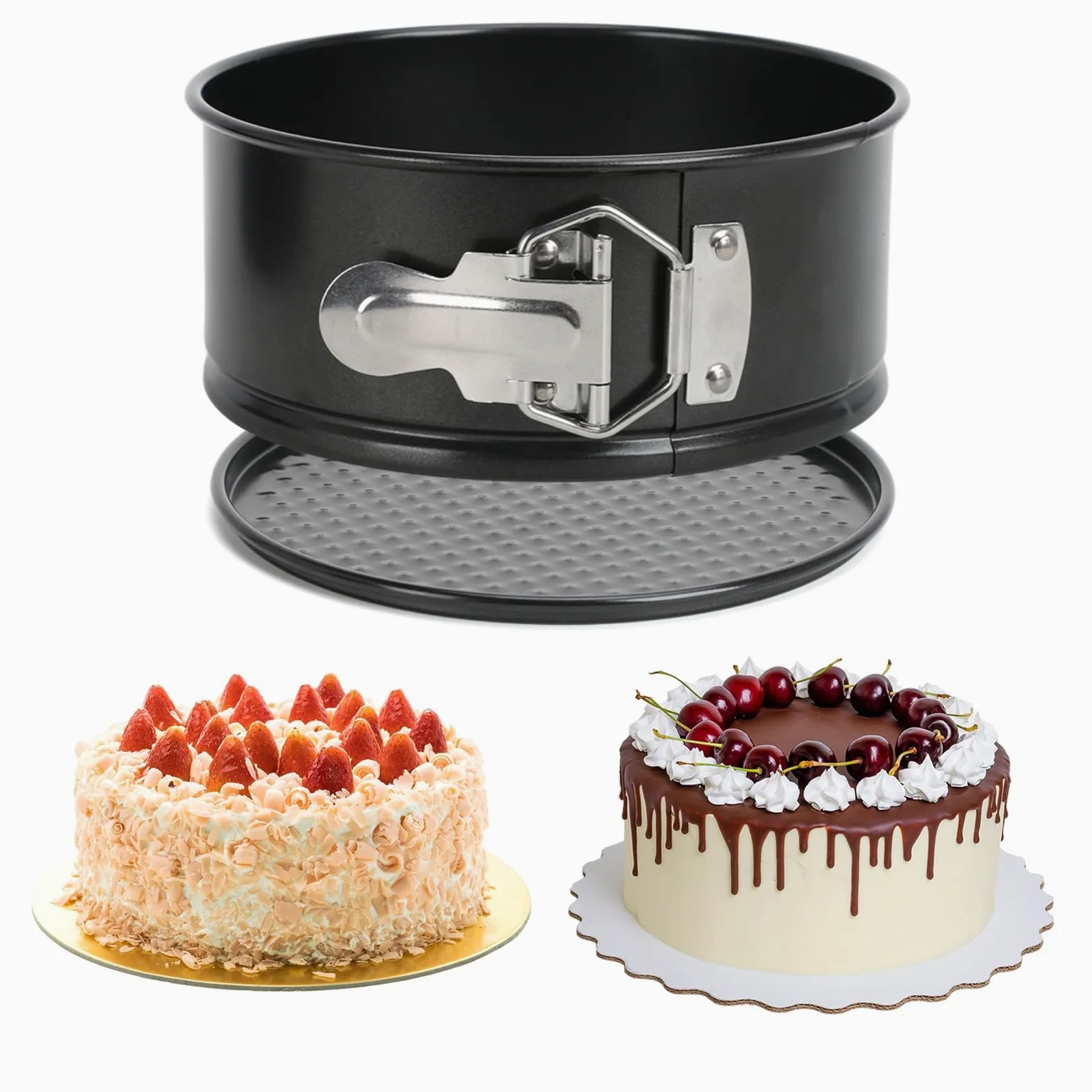 Molde desmontable redondo, negro, acero al carbono antiadherente, juego de moldes pequeños para tartas, mousse y pasteles de gasa