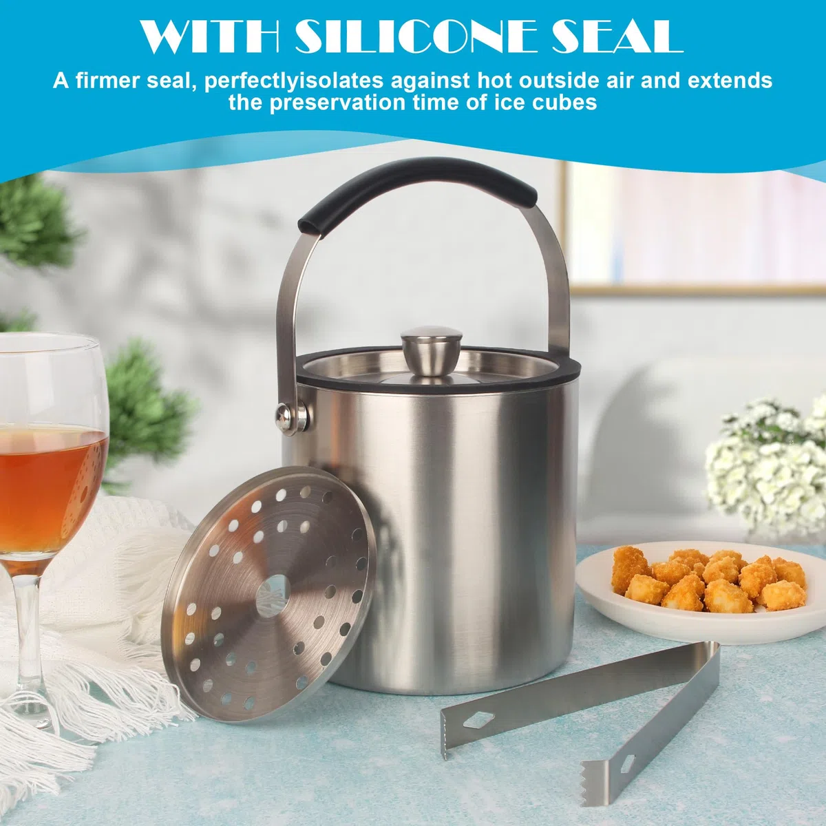 1.6 L Cubiteras Acero Inoxidable, Cubitera Hielo con Tapa, Pinzas y Rejilla de Goteo,Cubiteras para Hielo con Tapa para Fiestas,Cerveza,Cócteles,Vino Frío