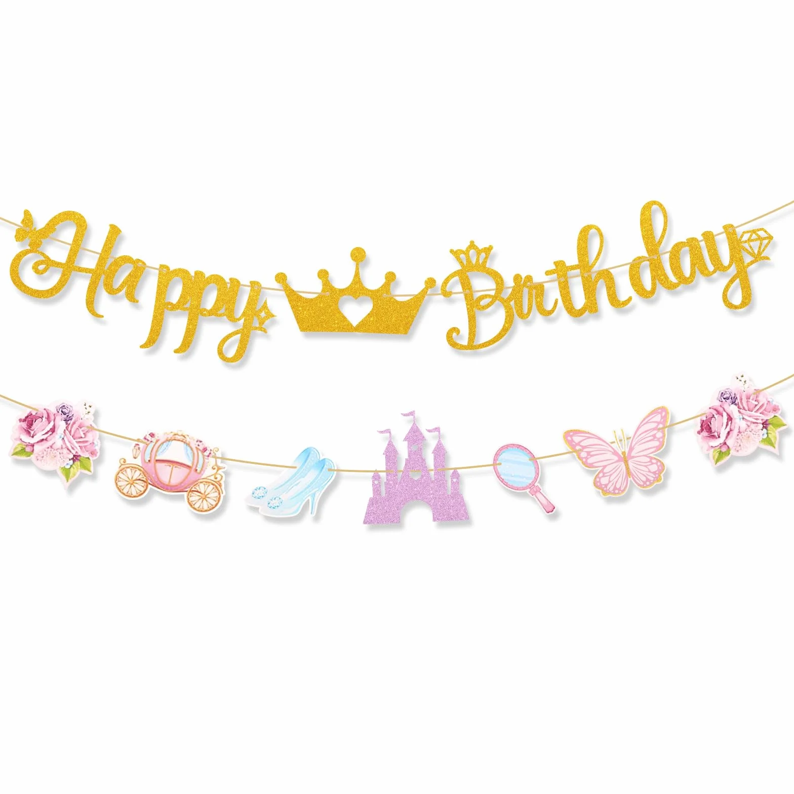 BOXOB Banner Cumpleaños Princesa, Banner Feliz Cumpleaños con Corona Castillo Zapato Cristal Carruaje Decoraciones de Fiesta de Princesas Ensueño para Niñas Hijas Fiestas