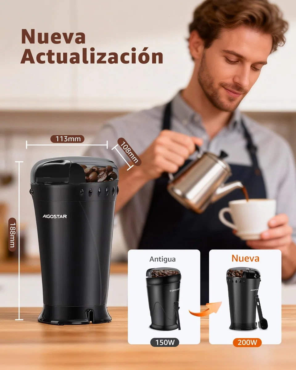 Aigostar Molinillo Cafe Electrico con Cuchillas Acero Inoxidable - 60g 200W Molinillo de Cafe, Cepillo de Limpieza Incluido, Libre de BPA, Para Moler Granos de Café, Especias & Semillas