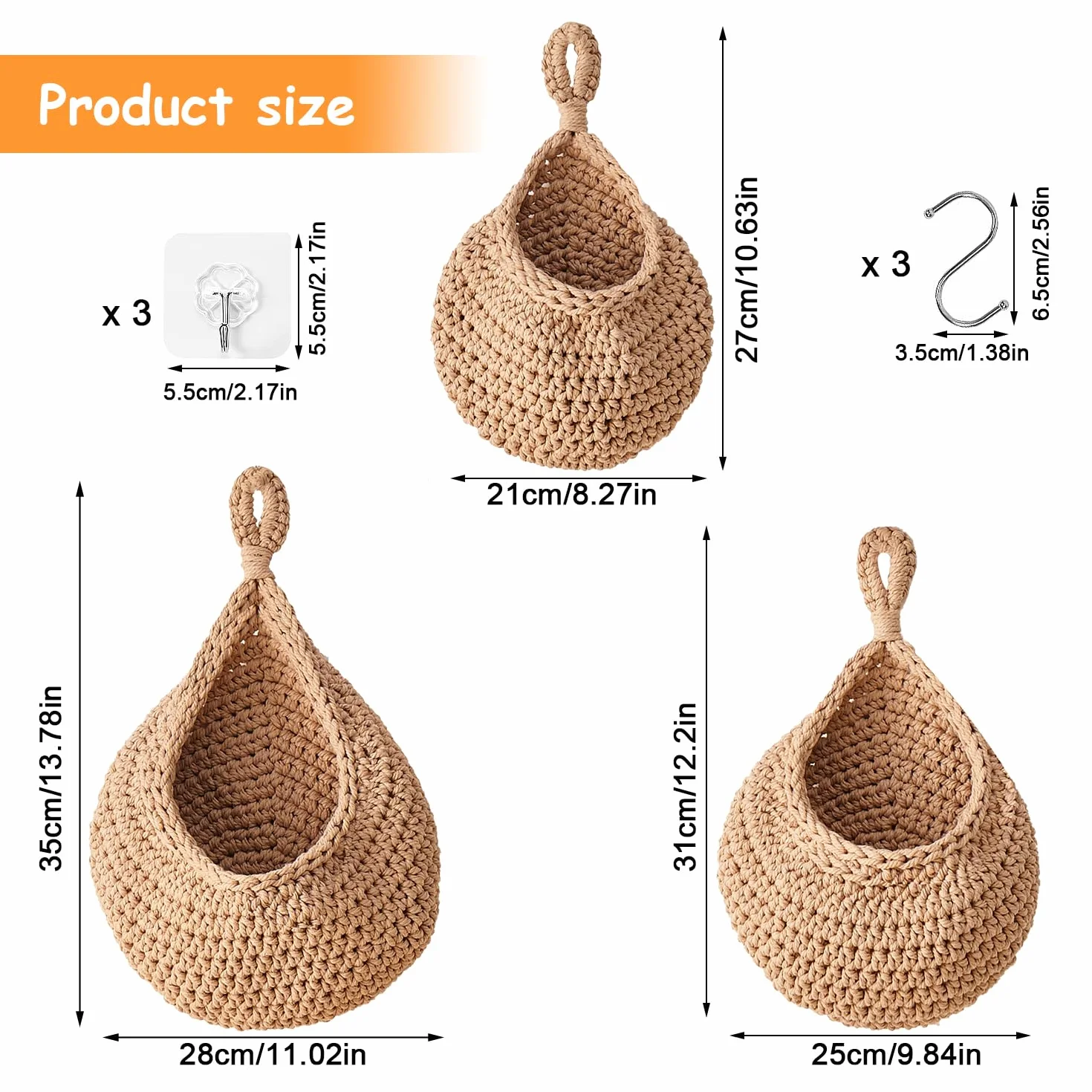 3 Piezas Cestos para colgar de mimbre tejidos a mano - Almacenaje y decoración bohemia para frutas, verduras, flores y juguetes de peluche (Yute)