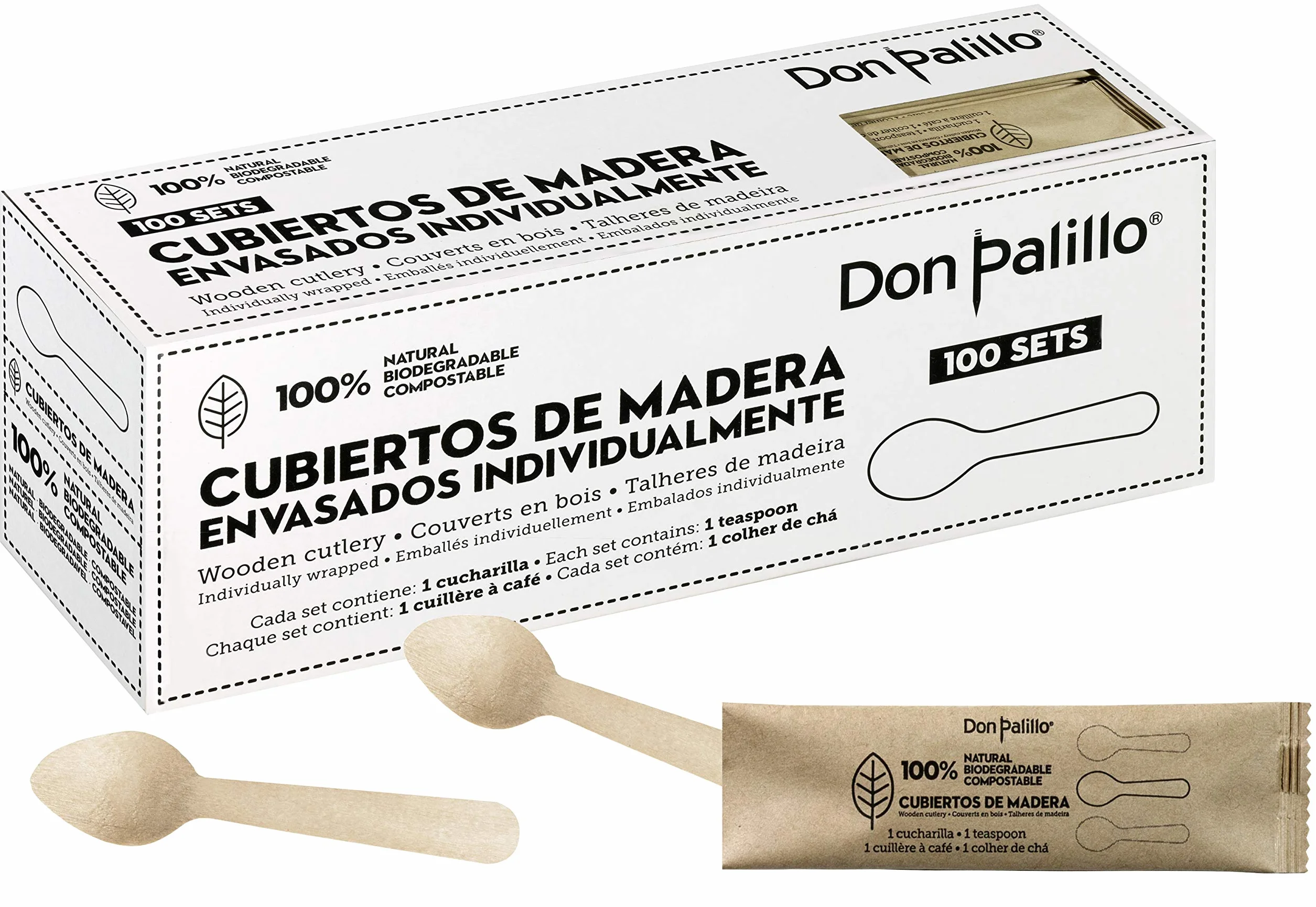 100 cucharillas de madera desechables envueltas individualmente en papel kraft. Ideales para café, infusiones, postres...