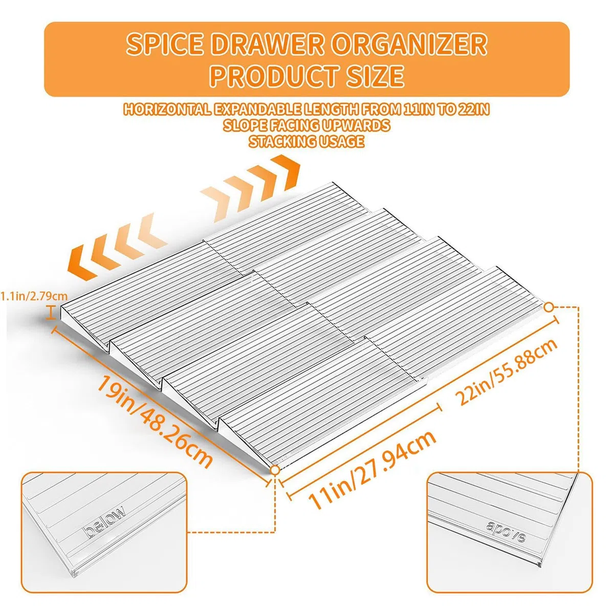 Seasoning Rack, Expandable Organizer, Drawer Storage Tray, Multi Tiered Cooking Condiment Holder for Apartment, Cabinet, Rental House, Restaurant, Pantry Use, Polystyrene White