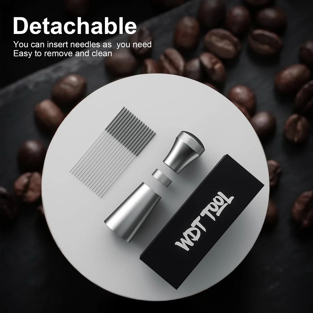 Wdt Tool, distribuidor de café desmontable con soporte con 7 agujas de café expreso de 0,3 mm, herramienta Wdt de aluminio, distribuidor de café, regalos para baristas (plata)