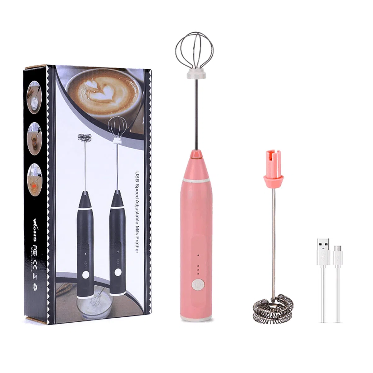 Espumador de Leche Eléctrico, Mini Espumador de Leche Eléctrico Recargable Usb De 3 Velocidades Ajustable Con 2 Cabezales De Mezcla Diferentes, Adecuado Para Café, Huevos (Rosa)