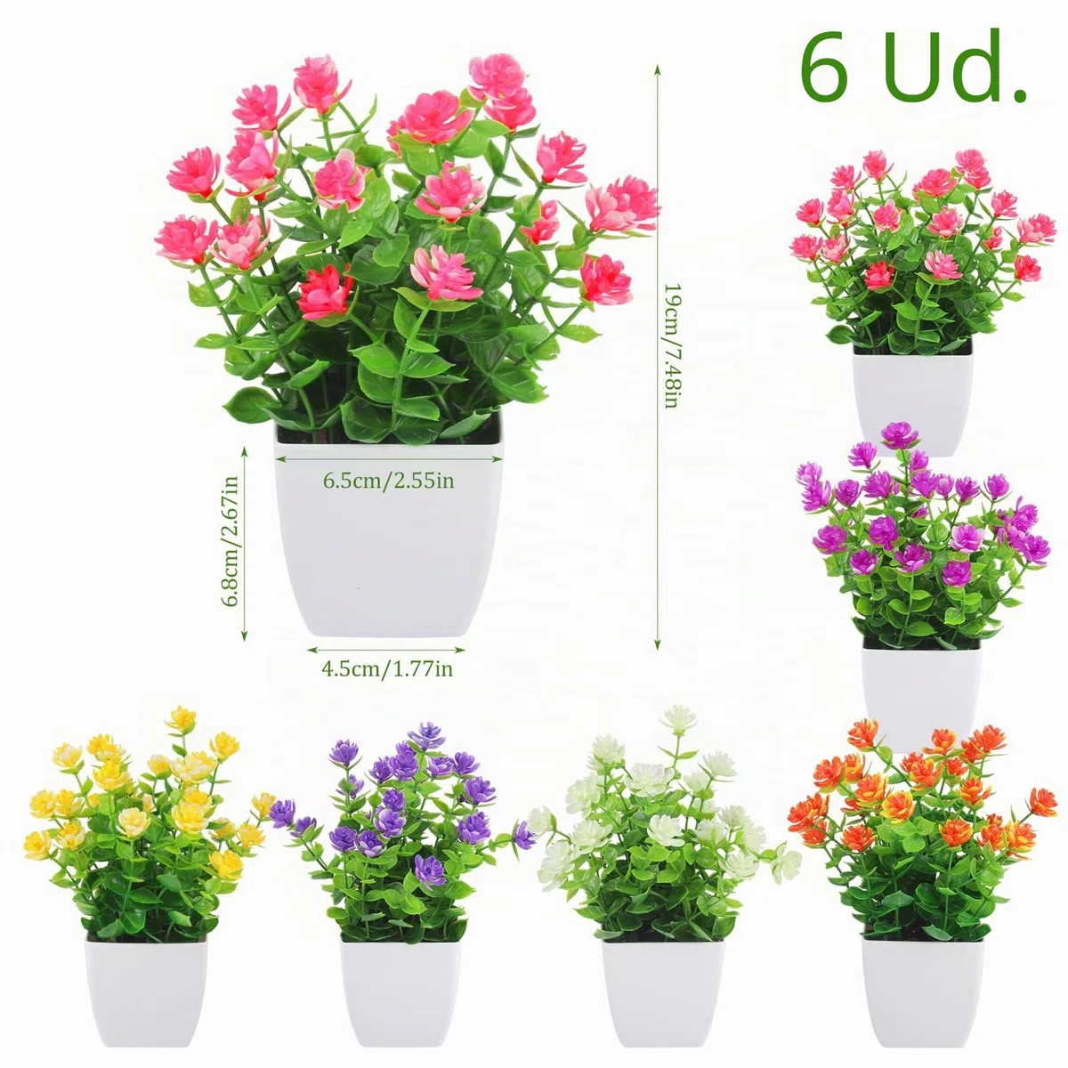 6 Piezas Flores Artificiales Decoracion 7,48 Pulgadas Planta Artificial Pequeña con Macetas Plastico para Dormitorios Salones Balcón y Decoración Baño