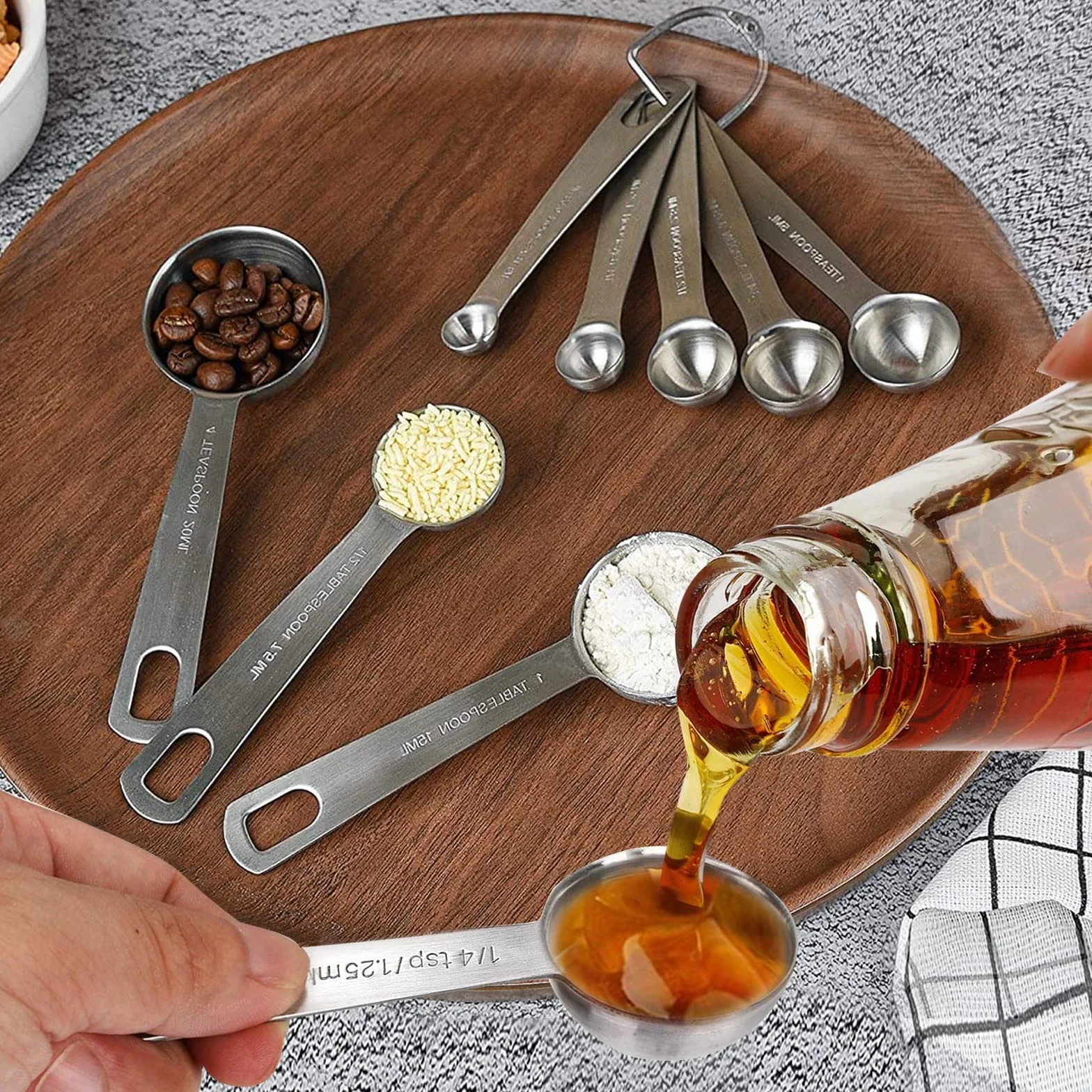 Juego de 6 cucharas medidoras: 1/8, 1/4, 1/2 cucharadita, 1/2 cuchara, 1/2 cuchara, 1 cuchara de cocina de acero inoxidable, cuchara medidora de ingredientes líquidos secos, medición de horneado de