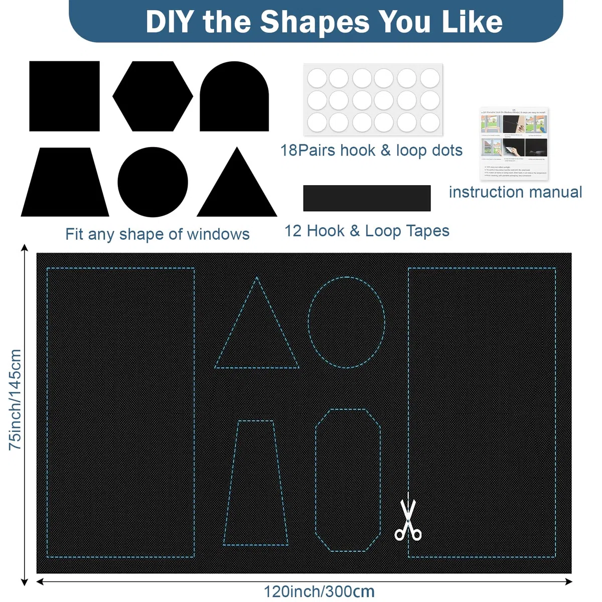Estores Opacos sin Taladrar, 300 x 148cm 100% Cortinas Opacas Adhesivas Portátiles con Cierre Adhesivo, cortables a Cualquier tamaño
