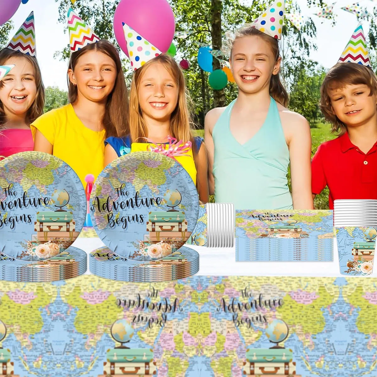 Vajilla para fiesta de Explorador de viaje, 61 piezas Aventurero Vajilla de cumpleaños niños, Mapa del mundo Juego de platos de papel para fiesta, Incluye vasos, servilleta y mantele