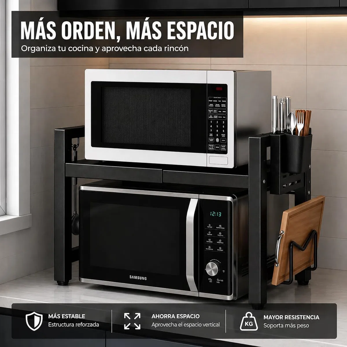 Soporte Microondas Encimera Ajustable - Estante para Microondas y Horno - Estantería Microondas Cocina con Almacenamiento - Organizador Cocina Encimera Resistente - Mueble para Microondas y Cafetera