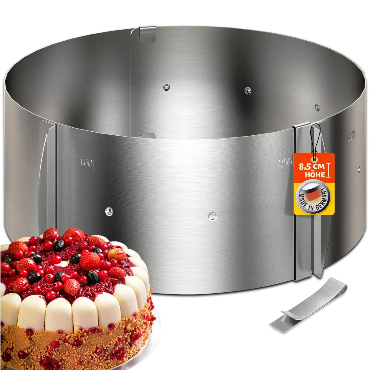 4smile Molde para tarta - Tartas de ensueño para cualquier ocasión - Molde redondo de acero inoxidable ajustable mediante pinzas - Altura: 8,5 cm – Made in Germany