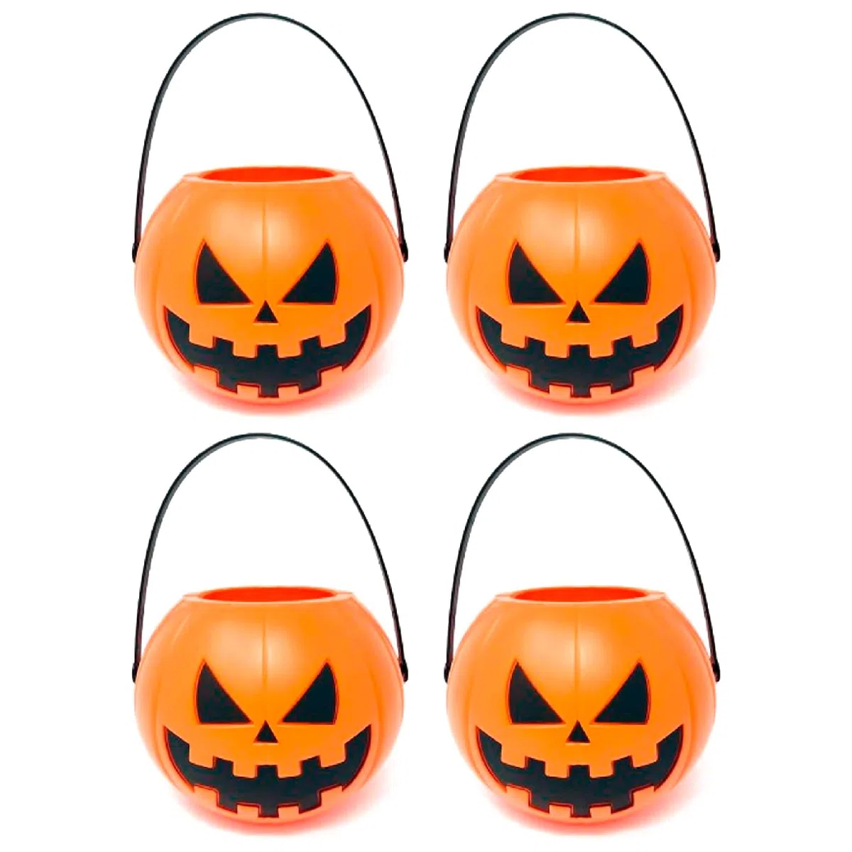 Acan Tradineur - Pack de 4 Cestas con asa para Recoger Caramelos - Fabricado en plástico - Diseño de Calabaza - Halloween, Cubo, Recipiente para Dulces, Truco o Trato (Naranja, 12,5 x 16 cm)