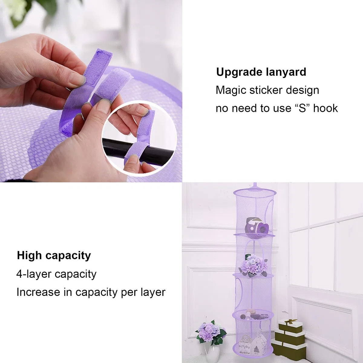 LIVEHITOP 3PC Red de Almacenamiento Colgante, Cesta de Almacenamiento Plegable de 4 Niveles para Ahorrar Espacio para Habitación de Niños, Baño, Balcón (Pink, Rosa, Púrpura)