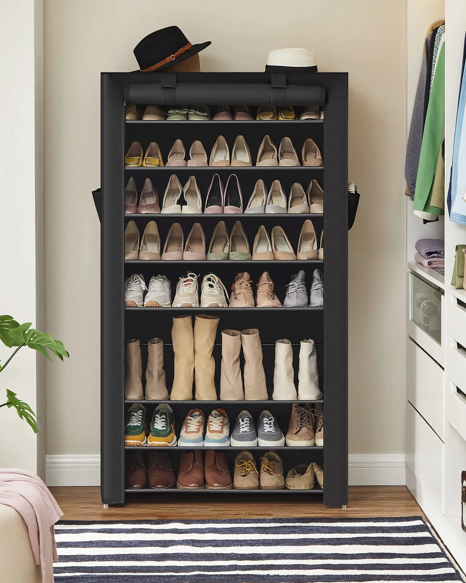 SONGMICS Zapatero, 10 Niveles, Zapatero de Entrada 28 x 88 x 160 cm con Cubierta de Tela, Delgado, Marco de Metal, Negro RXJ36HV1