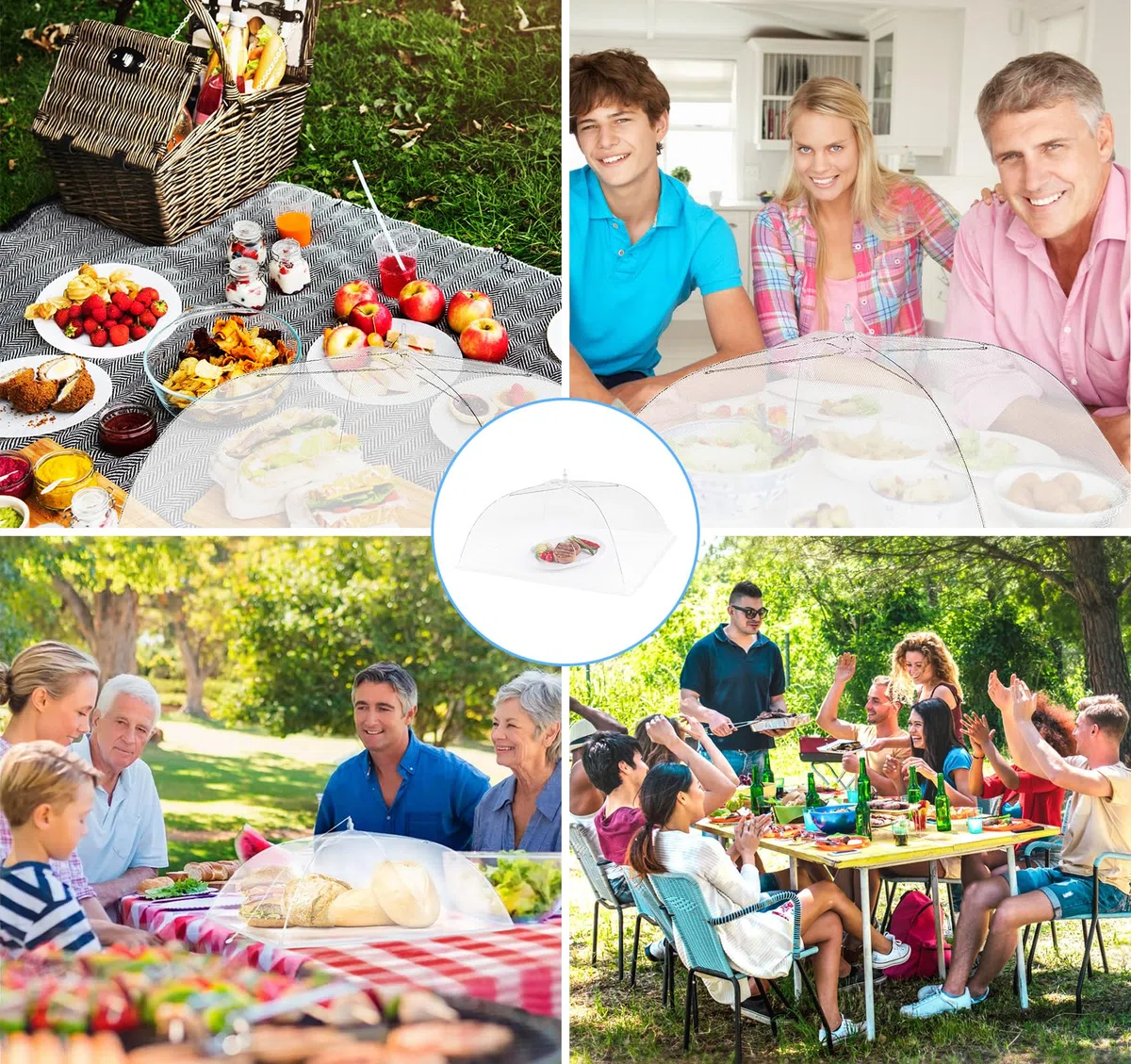 ilauke - Campana de comida plegable, 3 piezas, color blanco, campana para pastel, campana, para alimentos, antiinsectos, 100 x 60 cm, para exteriores, casa, barbacoas, viajes de camping, picnics