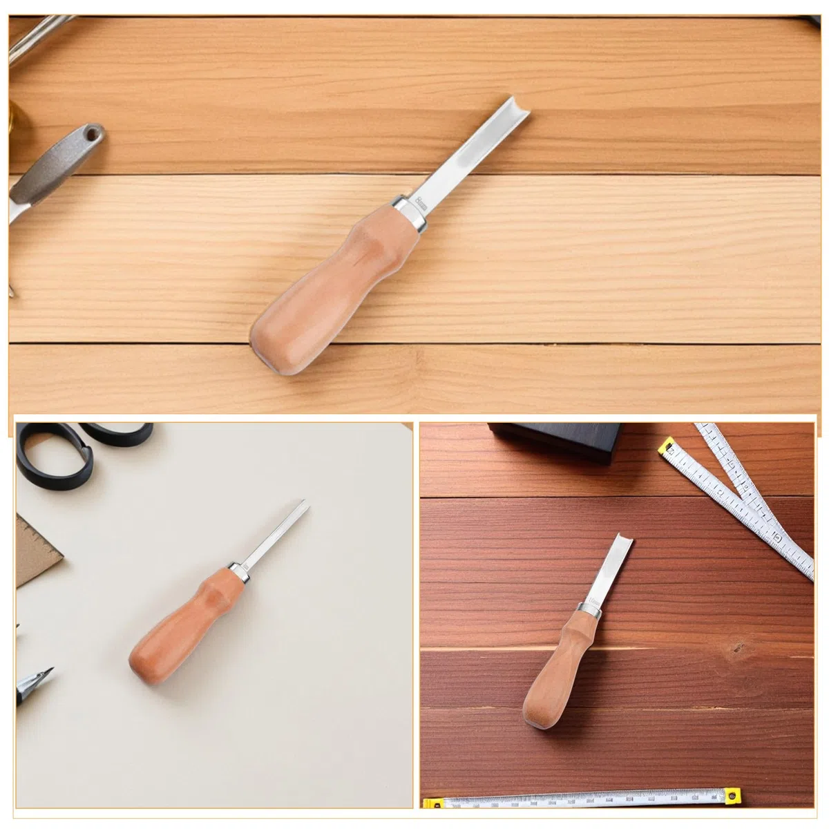 Herramienta Manual para Recortar Bordes de Cuero Cuchillos de Biselado de Acero al Carbono y Mango de Madera, 3 Piezas para Bricolaje y Artesanía