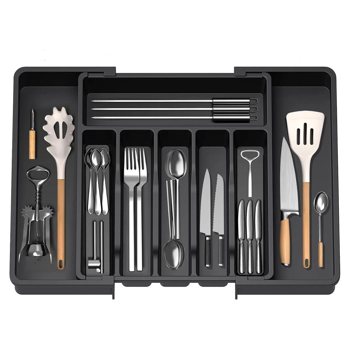 HIYAA Bandeja de utensilios extensible para cajón, organizador de cajones para cocina, soporte de almacenamiento de plástico para cubiertos, cucharas, tenedores, etc,negro