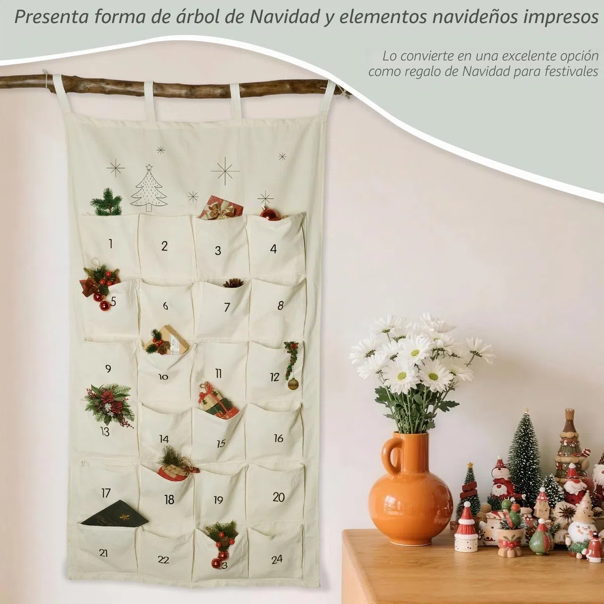 I LOVE MOM Calendario de Advento para llenar tela, 2025 calendario de cuenta atrás colgando con 24 bolsillos, regalo de fiesta de Navidad colgando o montando, decoración navideña reutilizable
