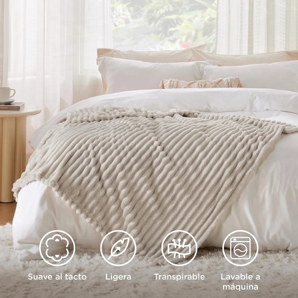 Bedsure Manta Sofá Polar Suave - Manta Gruesa y Esponjosa para Cama y Sofá, Cálida y Acogedora para Invierno, Diseño de Rayas Anchas, XL 150 x 200 cm, Beige