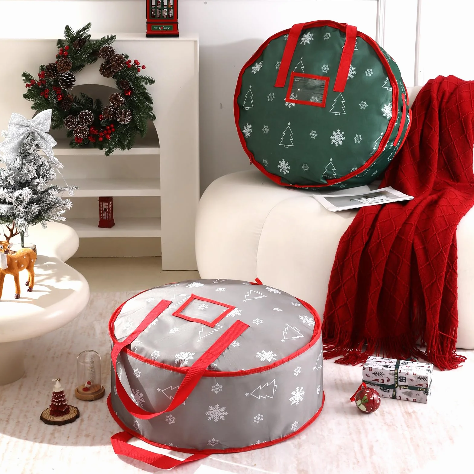 YiYa Almacenamiento de Adornos Navideños Bolsa de Almacenamiento para Guirnaldas Impermeable Bolsa para Corona de Navidad para Decoraciones navideñas (Verde)